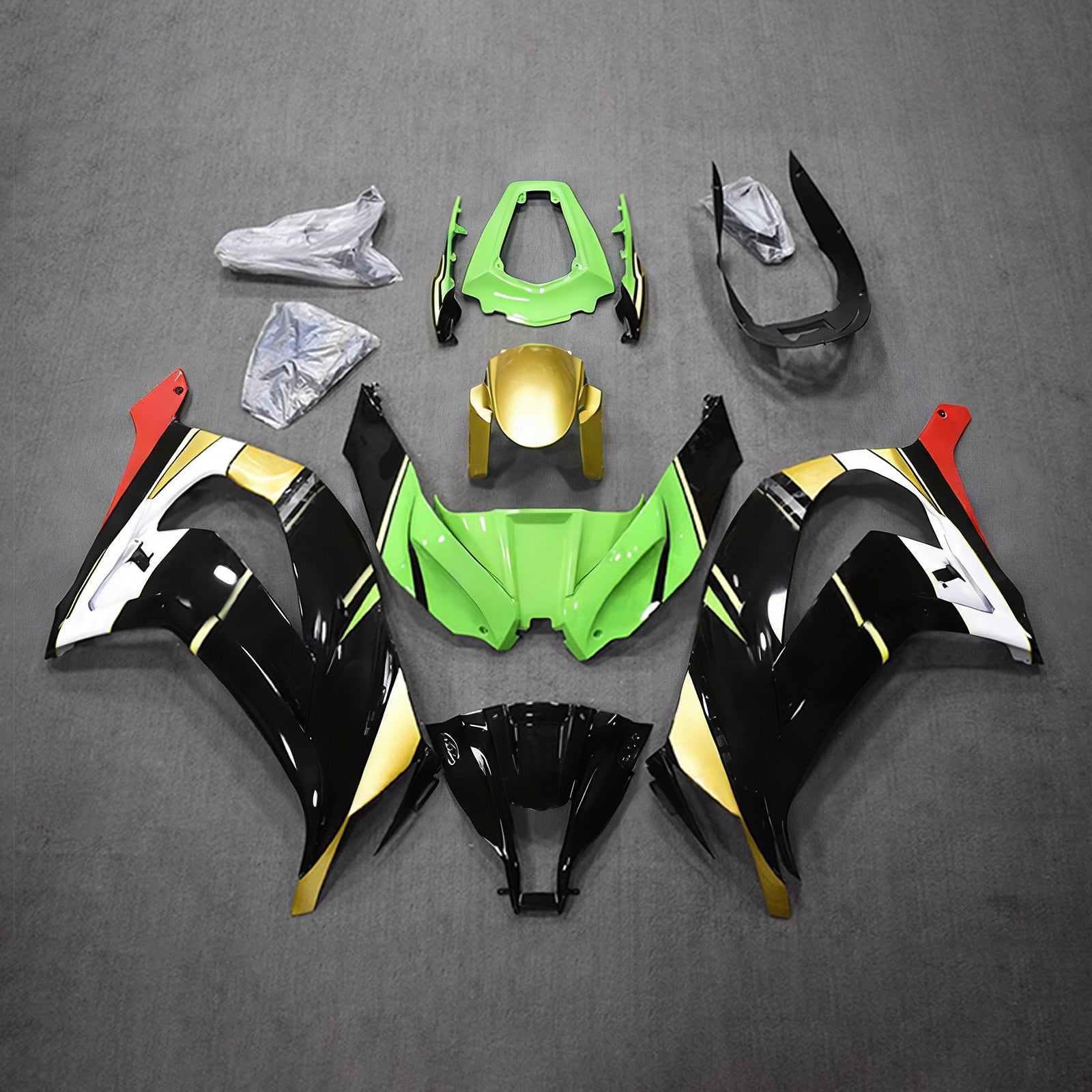 Amotopart 2011–2015 Kawasaki ZX10R Schwarz Grün Gold Weiß Verkleidungsset