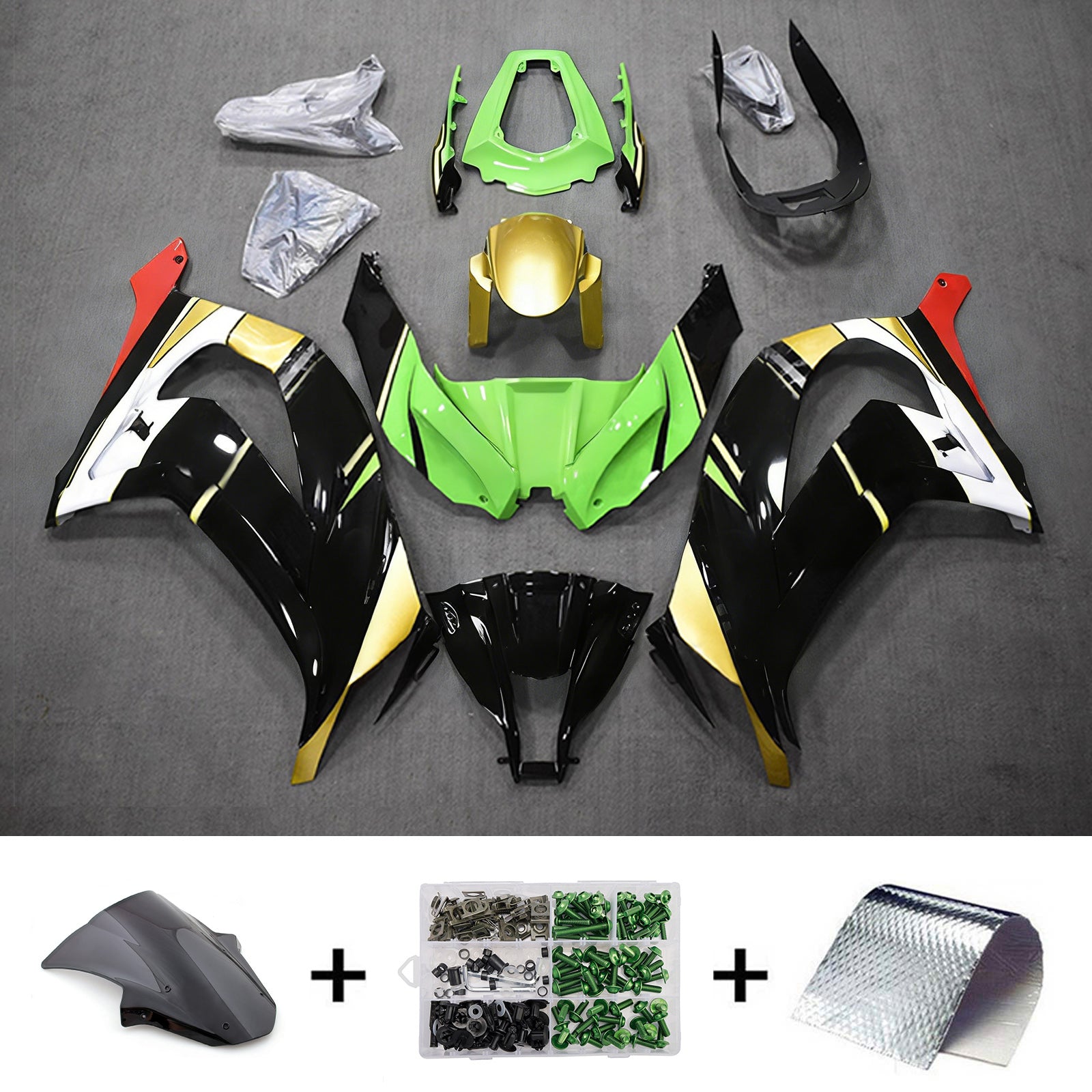 Amotopart 2011–2015 Kawasaki ZX10R Schwarz Grün Gold Weiß Verkleidungsset