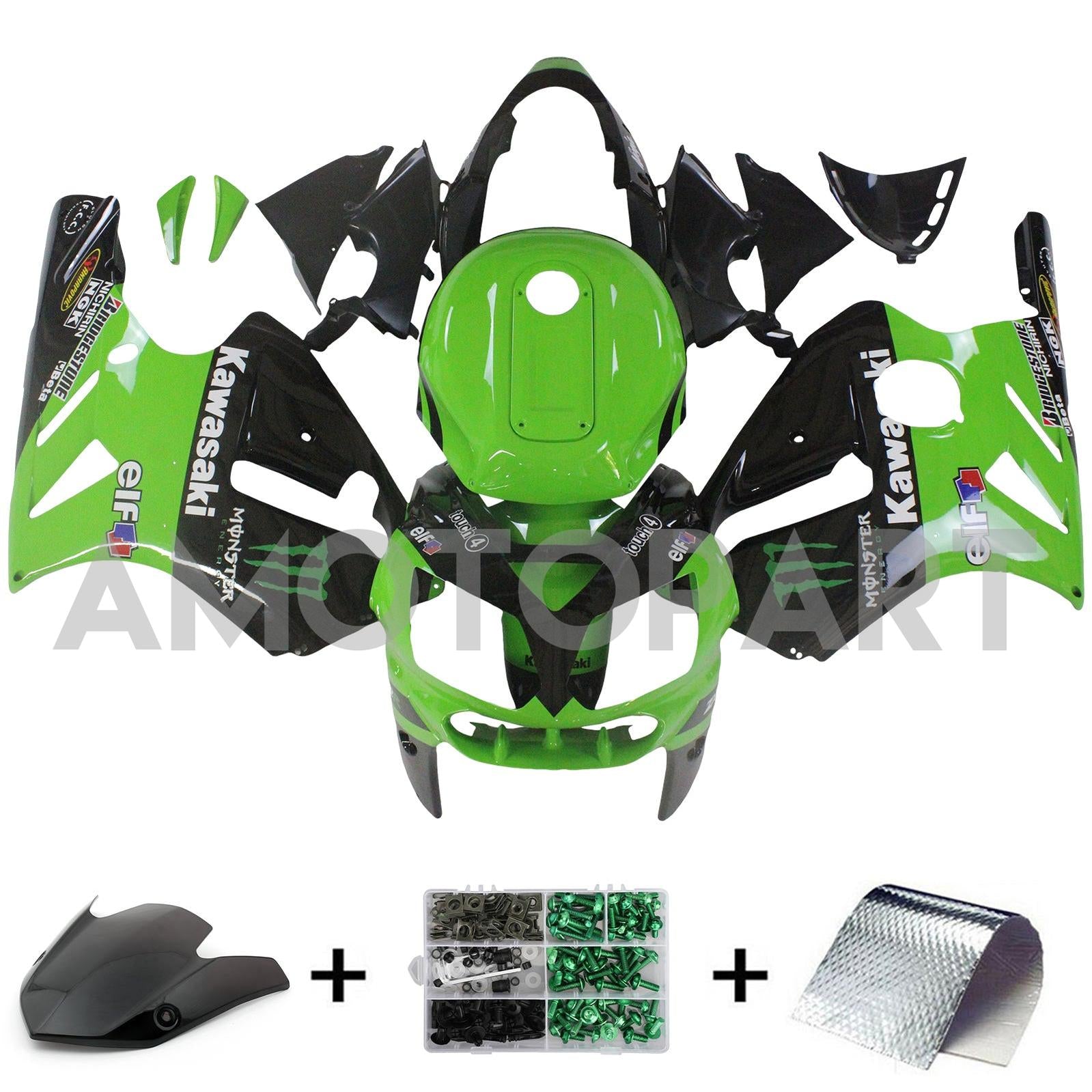 Amotopart 2002-2005 Kawasaki ZX12R Green Black Fairing Kit