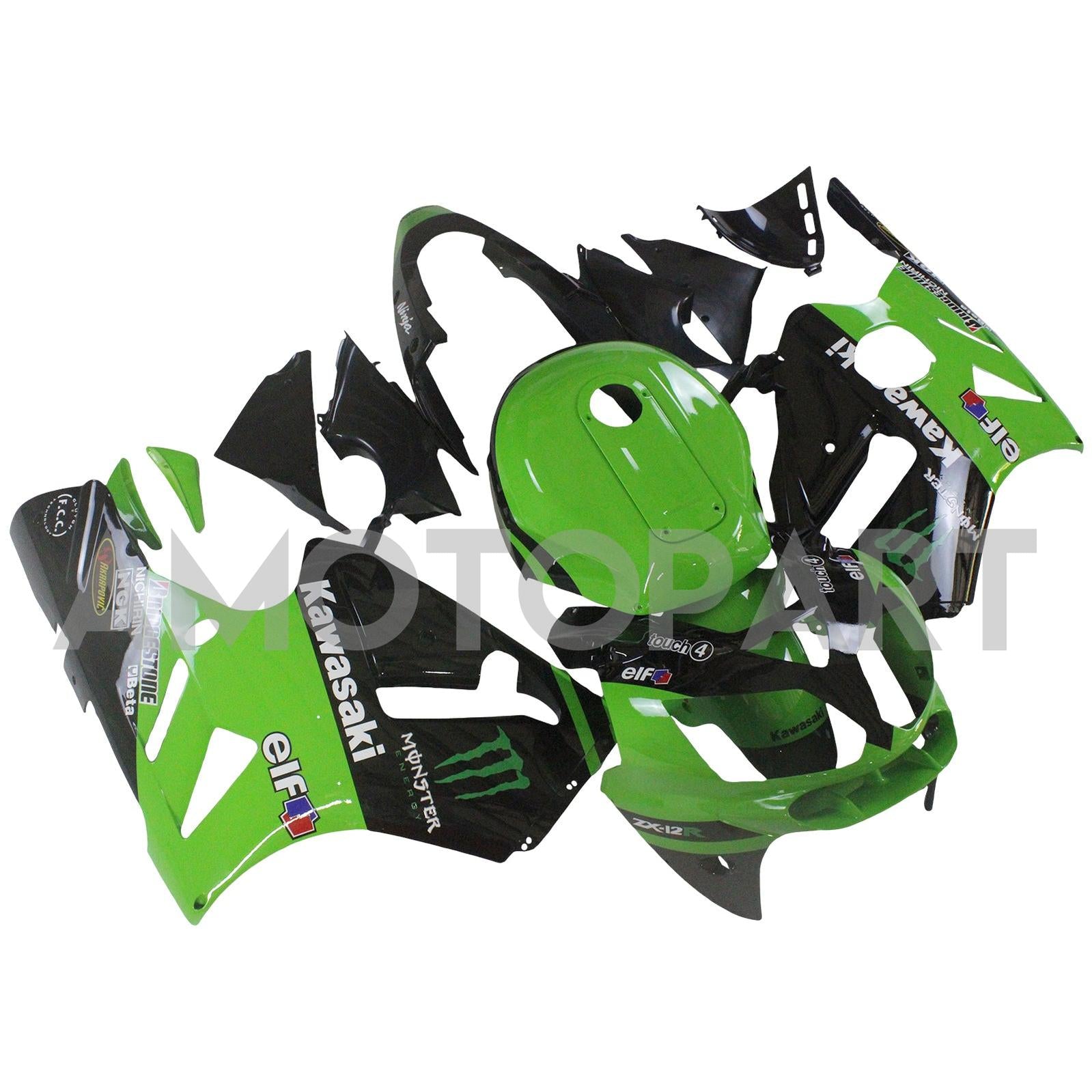 Amotopart 2002-2005 Kawasaki ZX12R Green Black Fairing Kit