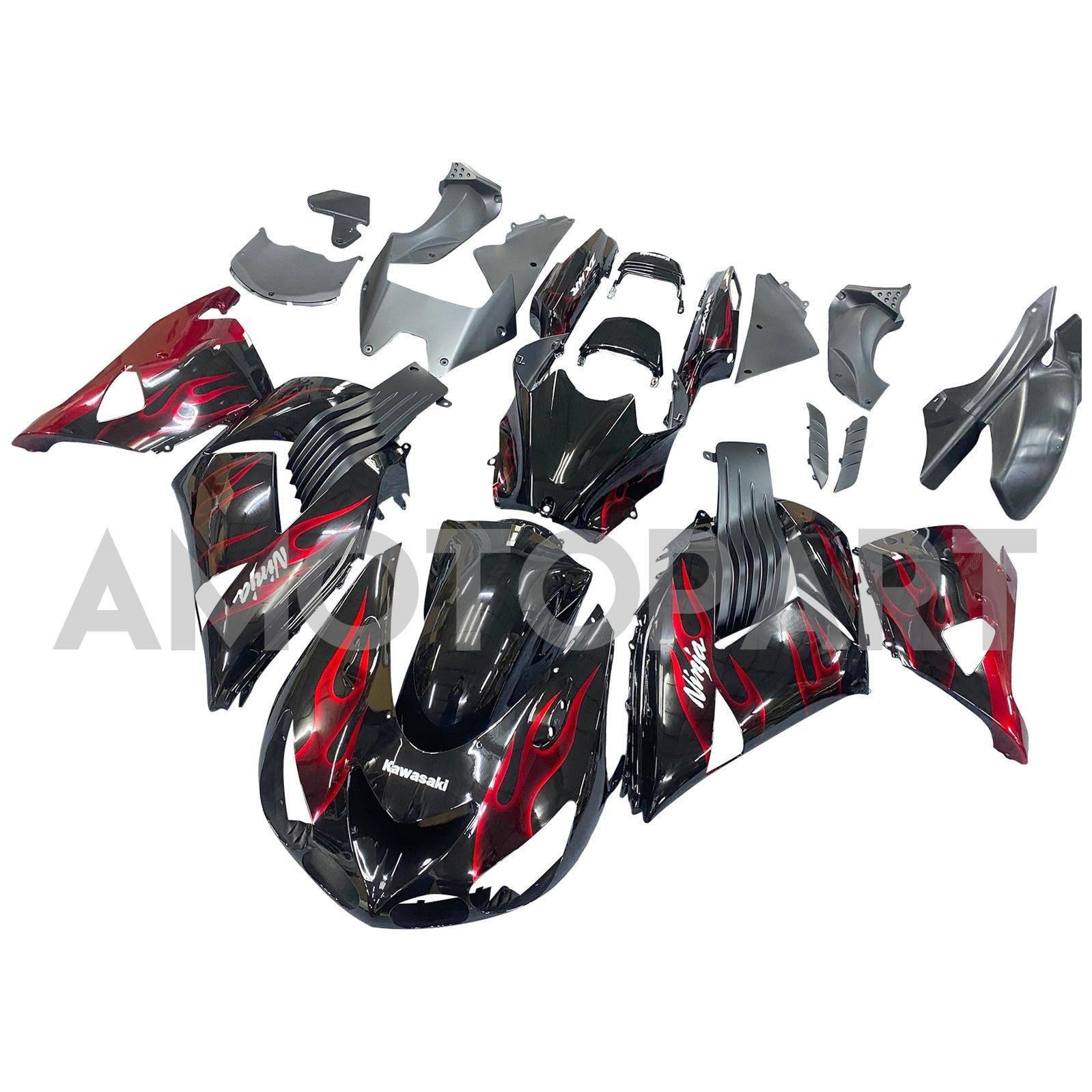 Amotopart 2006-2011 Kawasaki ZX14R Black with Red Flame Fairing Kit
