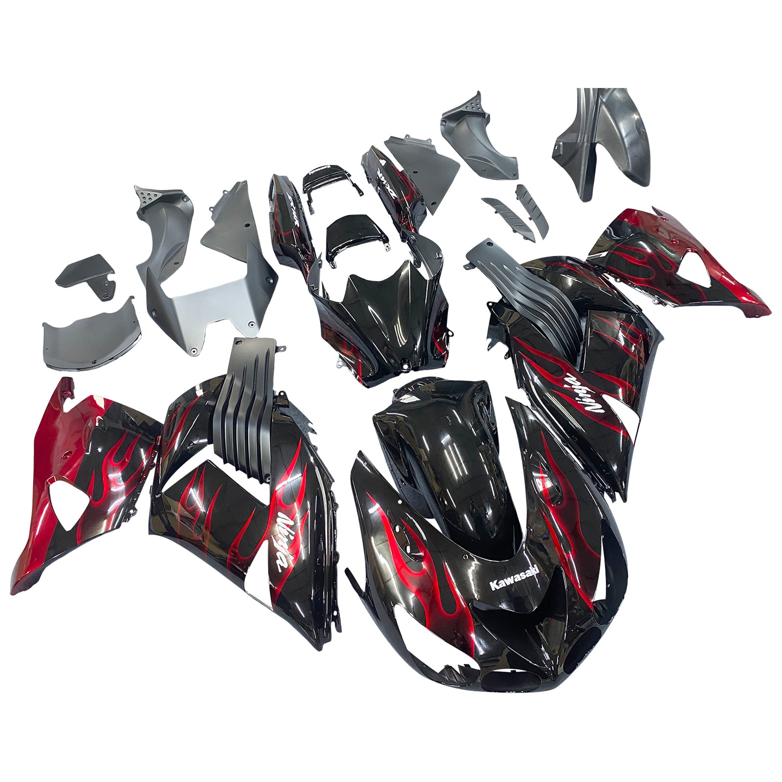 Amotopart 2006-2011 Kawasaki ZX14R Black with Red Flame Fairing Kit
