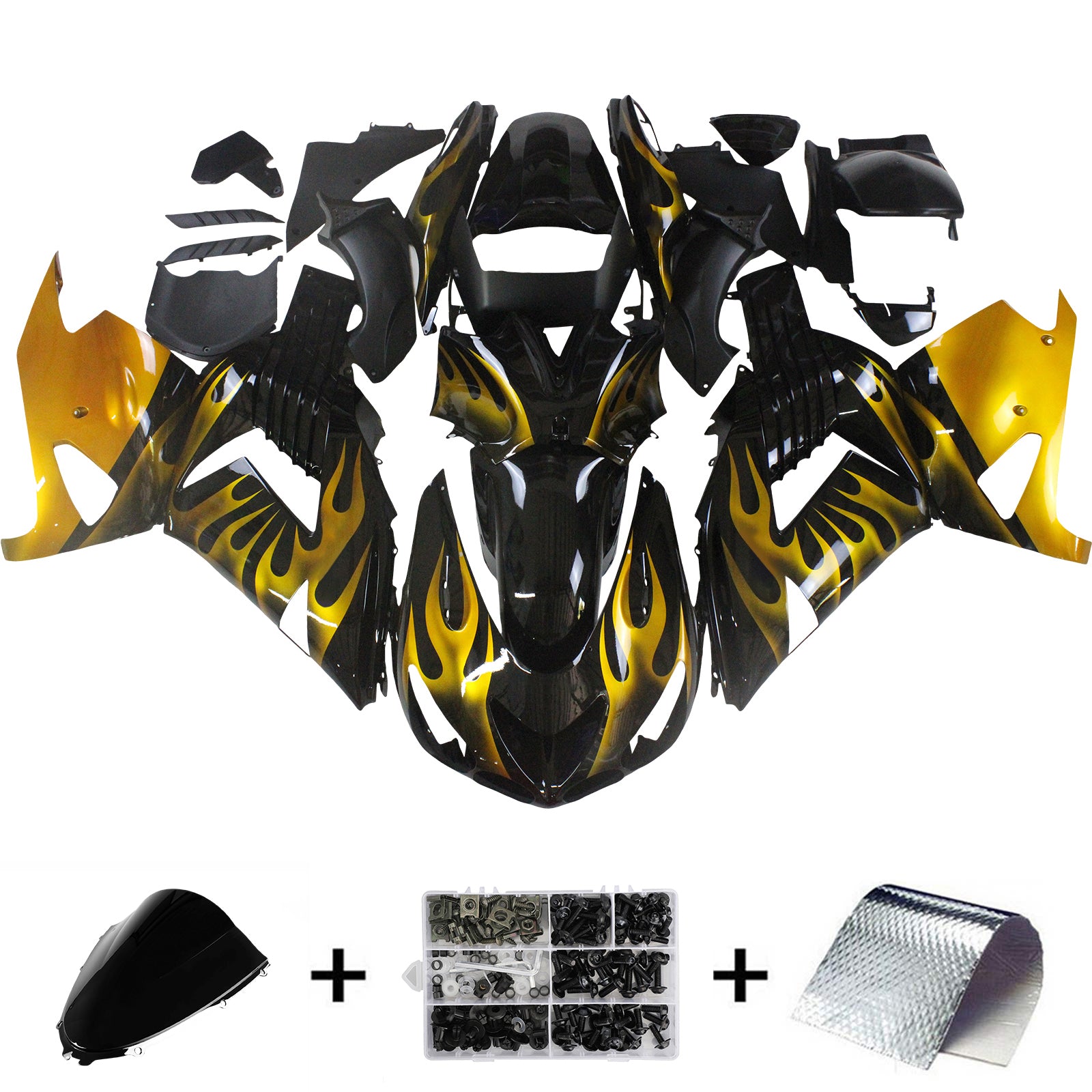 Amotopart 2006–2011 Kawasaki ZX14R Schwarz mit gelber Flamme Verkleidungsset