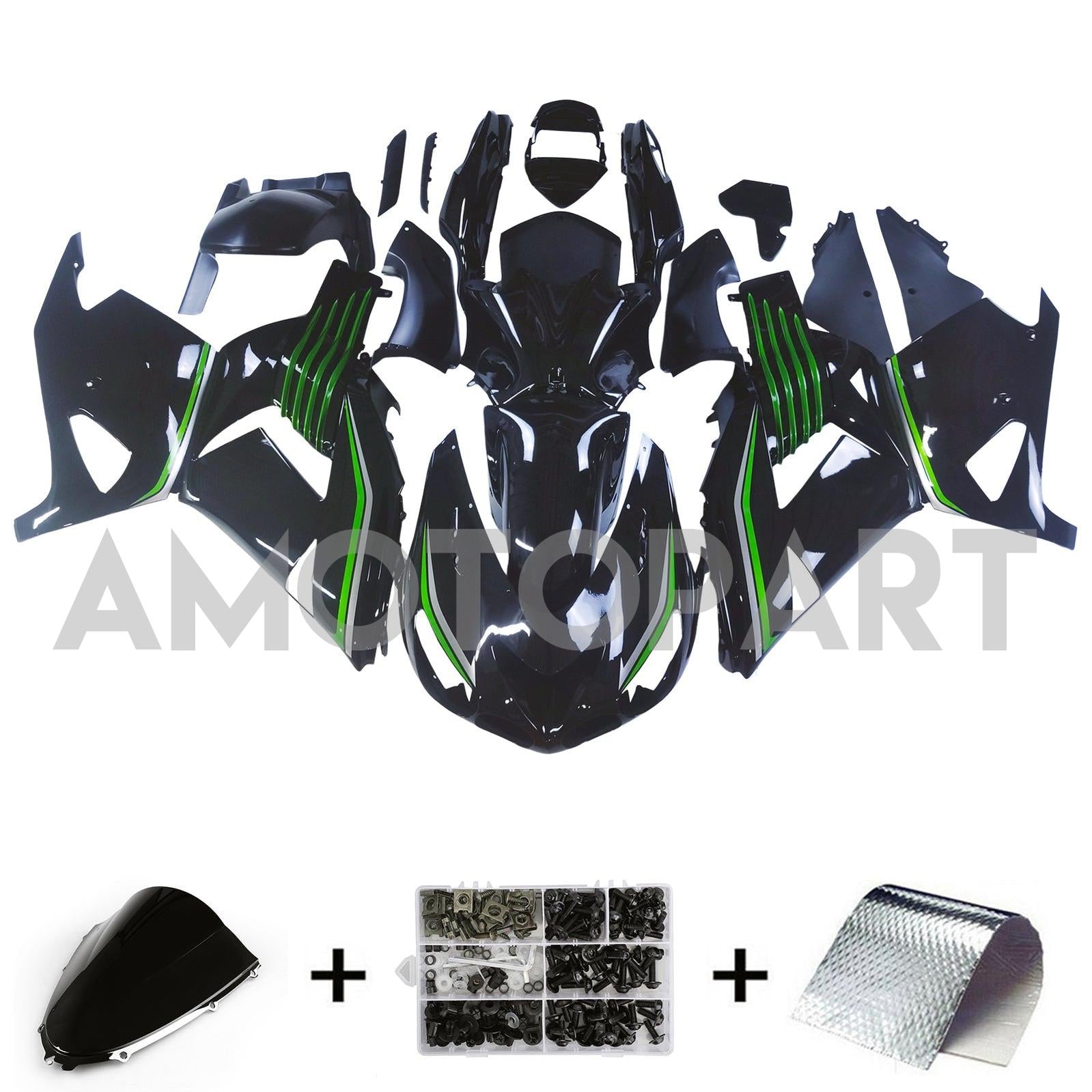 Amotopart 2006-2011 Kawasaki ZX14R ZZR1400 Kit de carenado negro brillante y verde