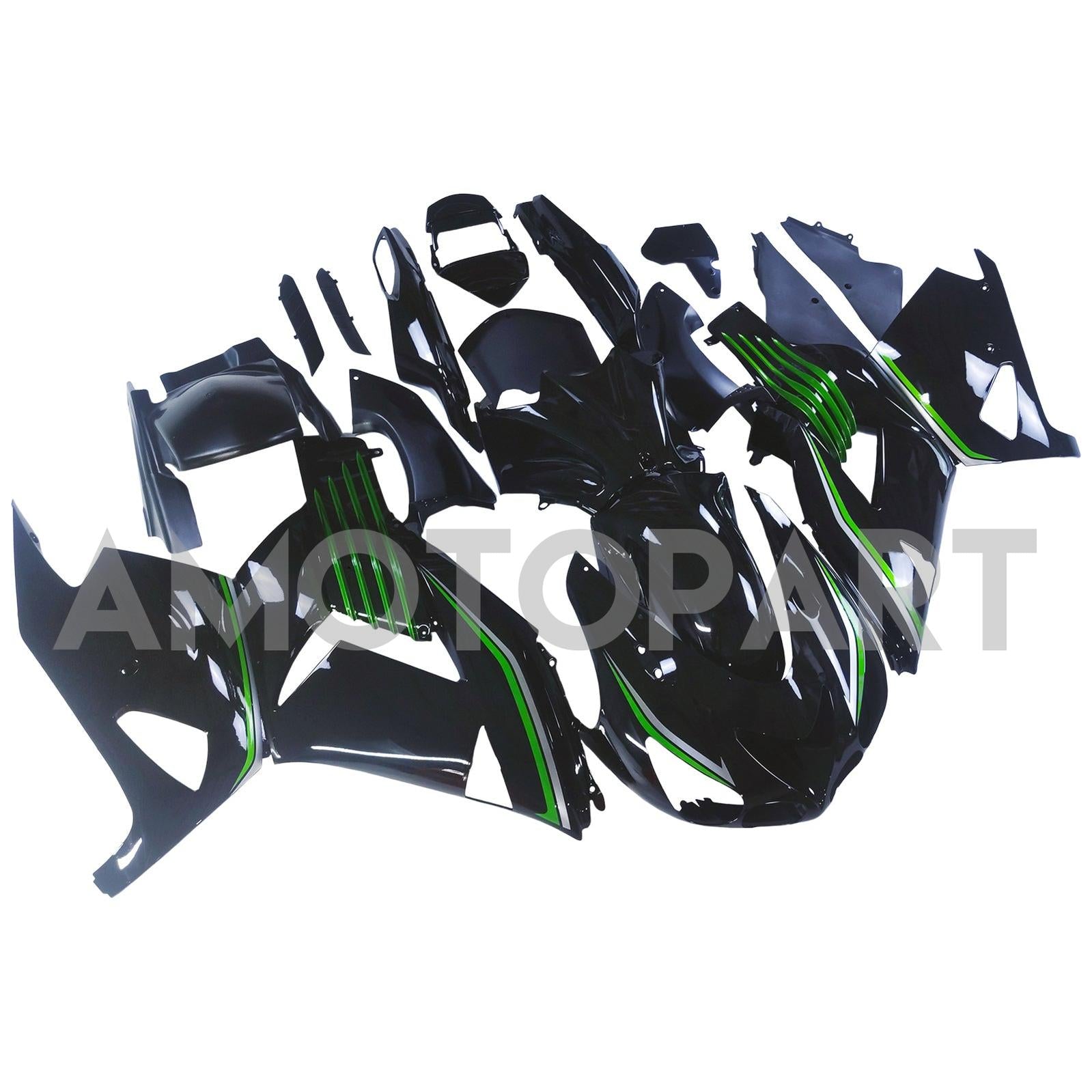 Amotopart 2006-2011 Kawasaki ZX14R ZZR1400 Glossy Black & Green Fairing Kit