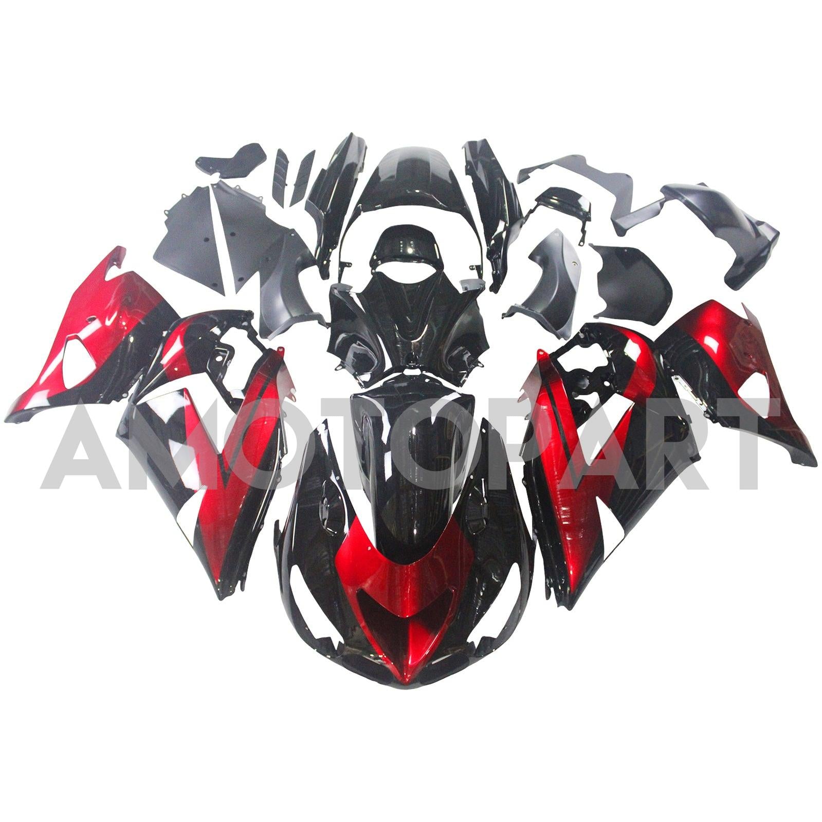 Amotopart 2006-2011 Kawasaki ZX14R ZZR1400 Glossy Red Black Fairing Kit