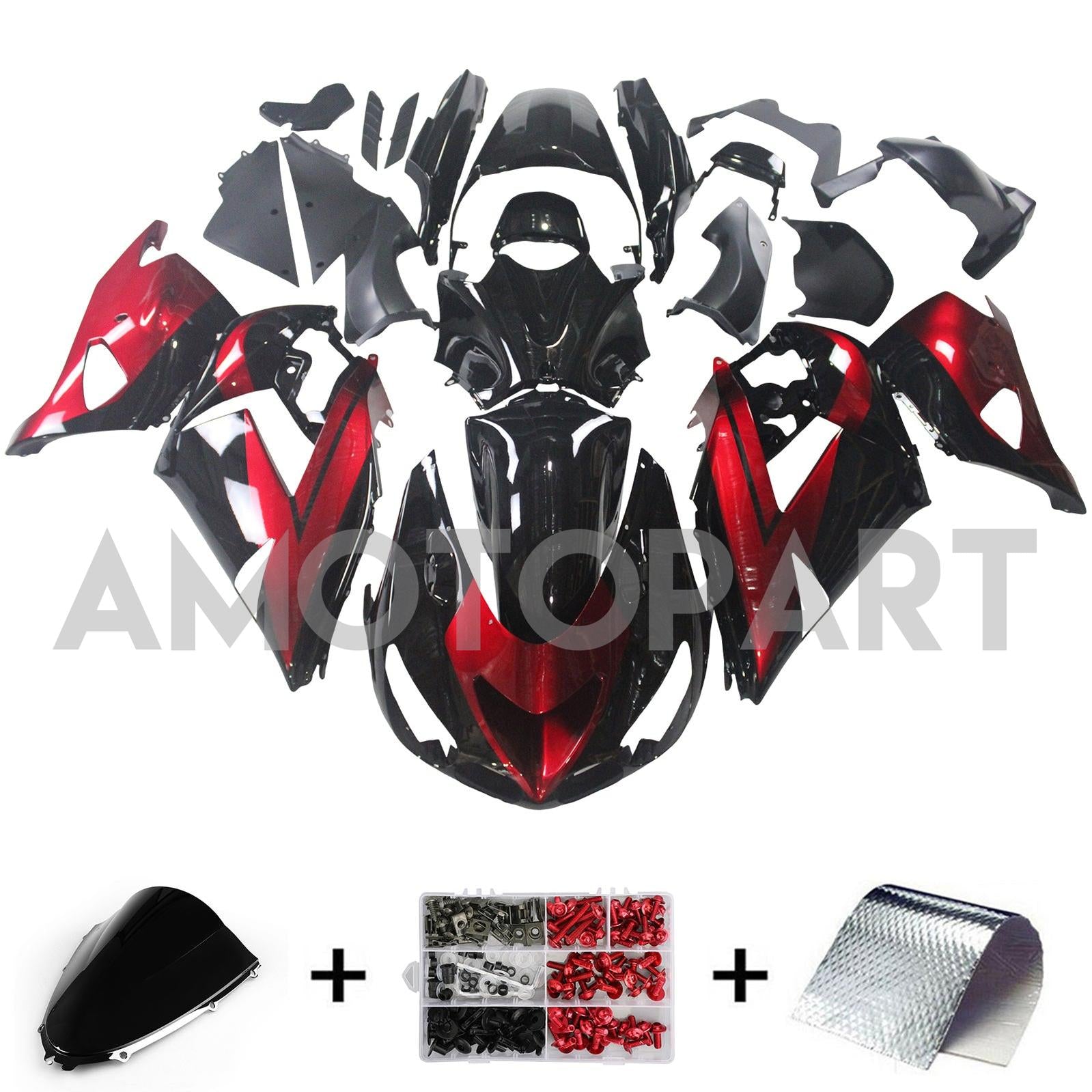 Amotopart 2006-2011 Kawasaki ZX14R ZZR1400 Kit de carénage noir rouge brillant