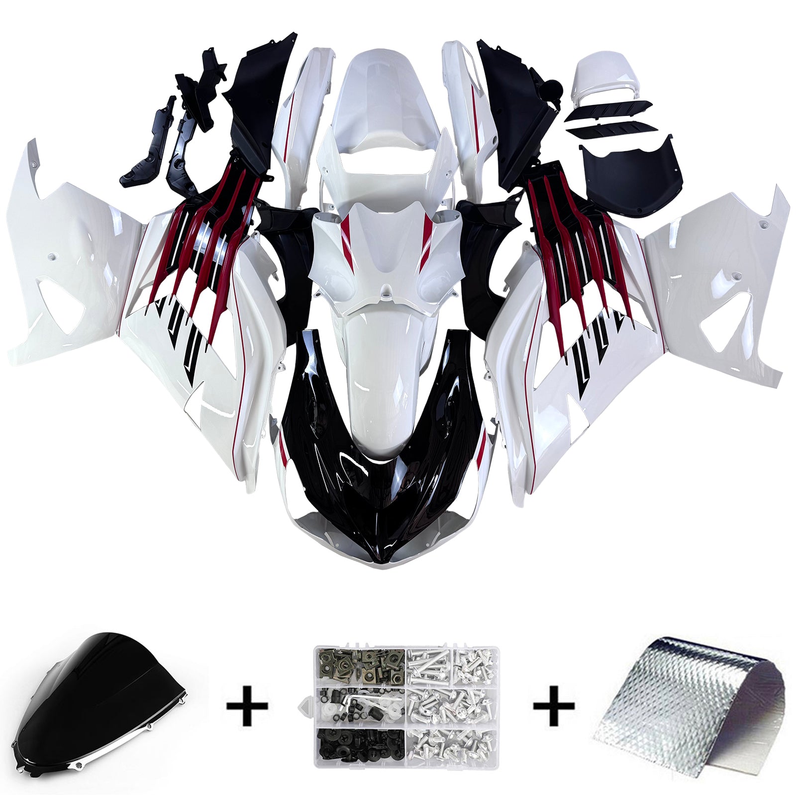 Amotopart 2012-2025 Kawasaki ZX14R ZZR1400 Noir Blanc & Kit de carénage rouge