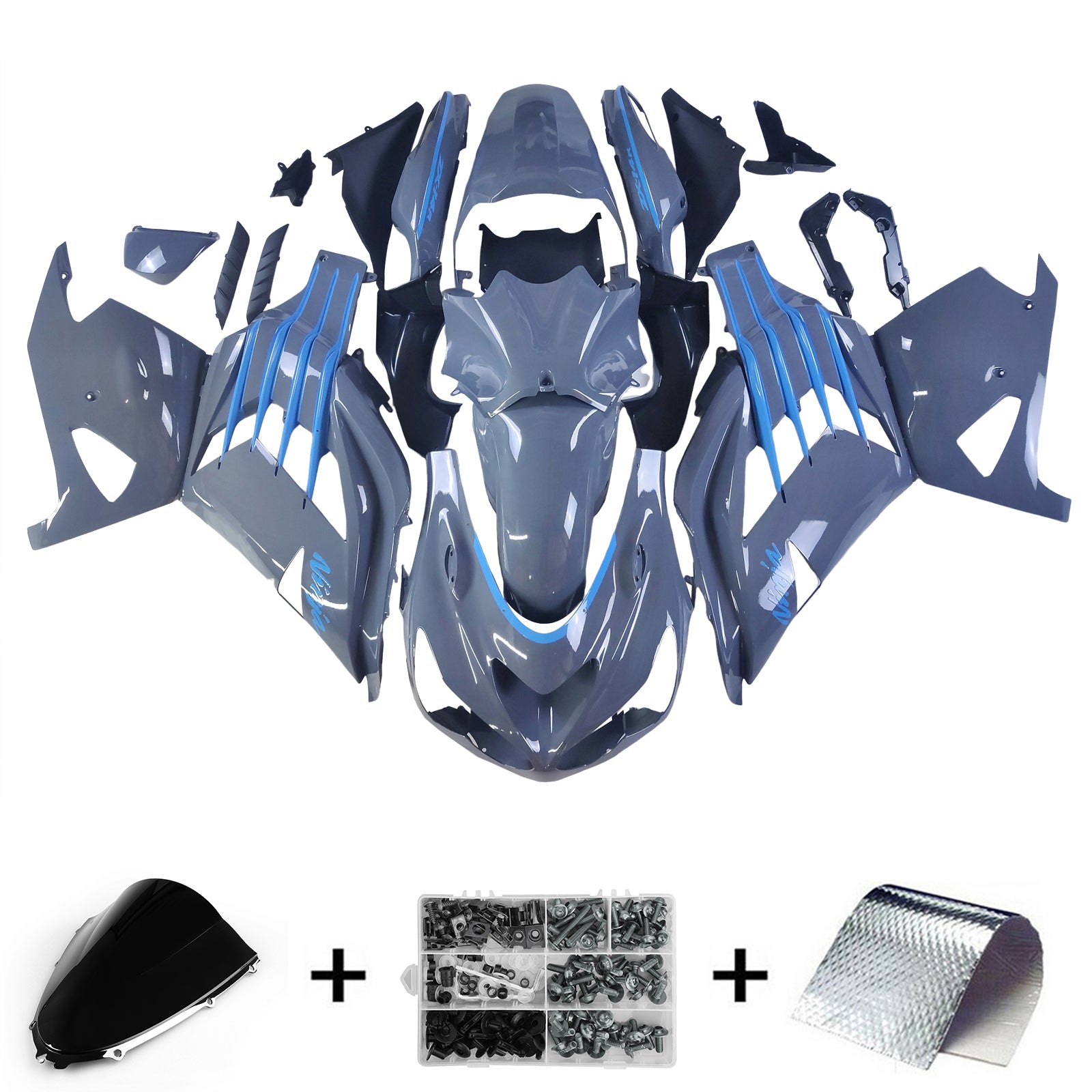 Amotopart 2012-2022 KAWASAKI ZX14R ZZR1400 Grå Black & Blue Fairing Kit