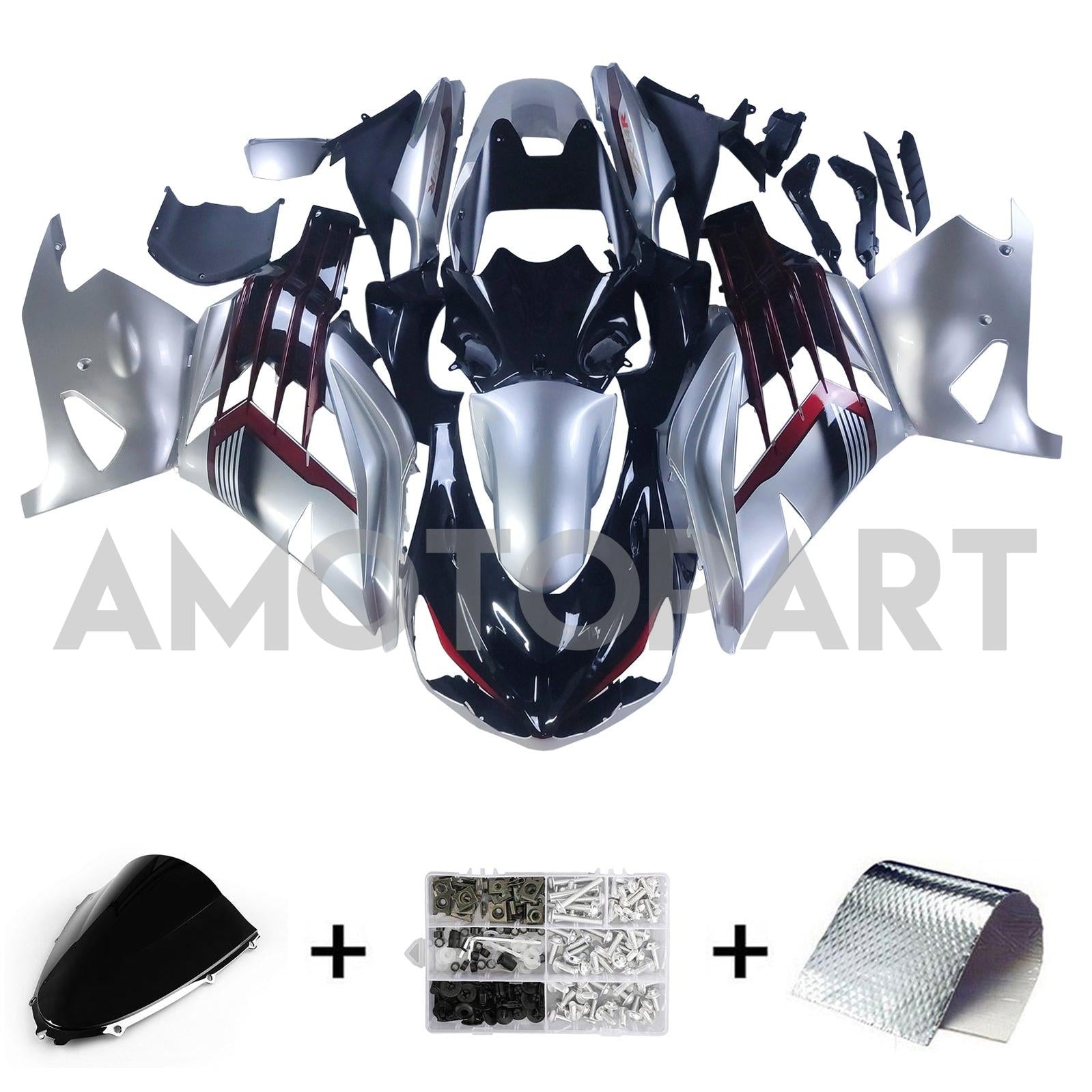 Amotopart 2012-2022 Kawasaki ZX14R ZZR1400 Black Silver Gray & Red Kuip Kit