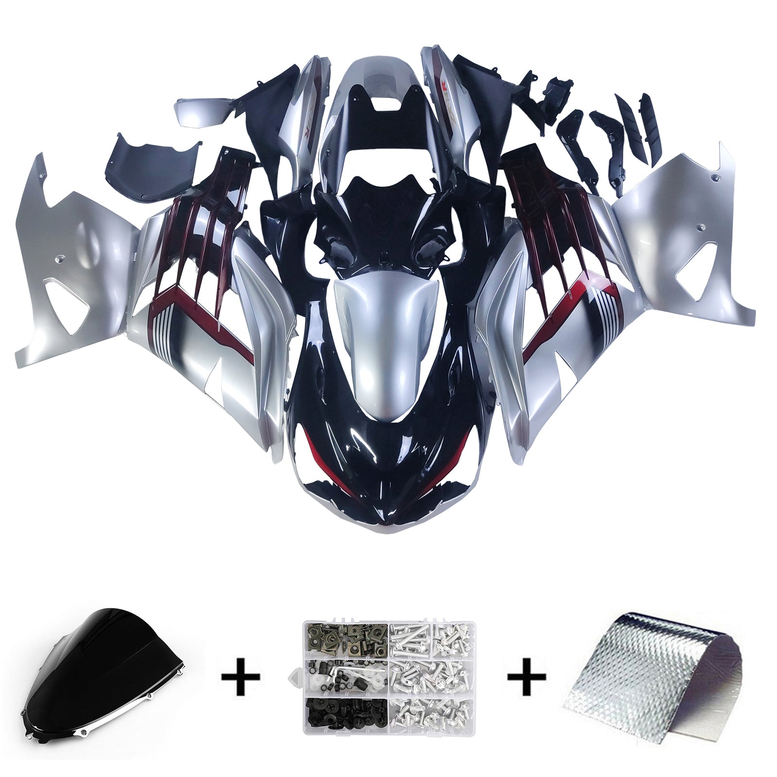 Amotopart 2012-2022 KAWASAKI ZX14R ZZR1400 Sort sølvgrå & rød fairing kit