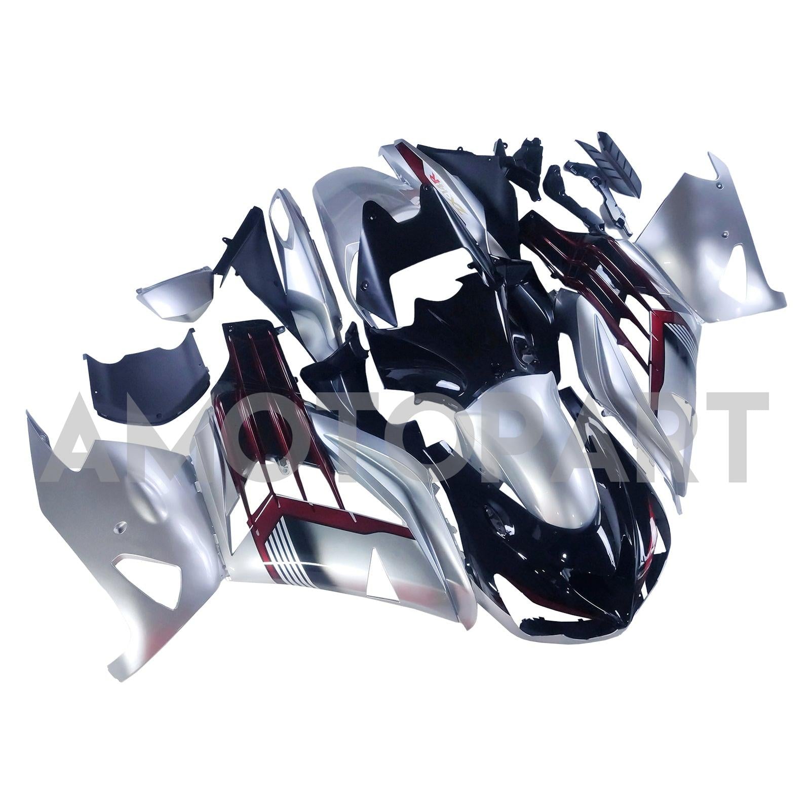 Amotopart 2012-2022 Kawasaki ZX14R ZZR1400 Black Silver Gray & Red Kuip Kit