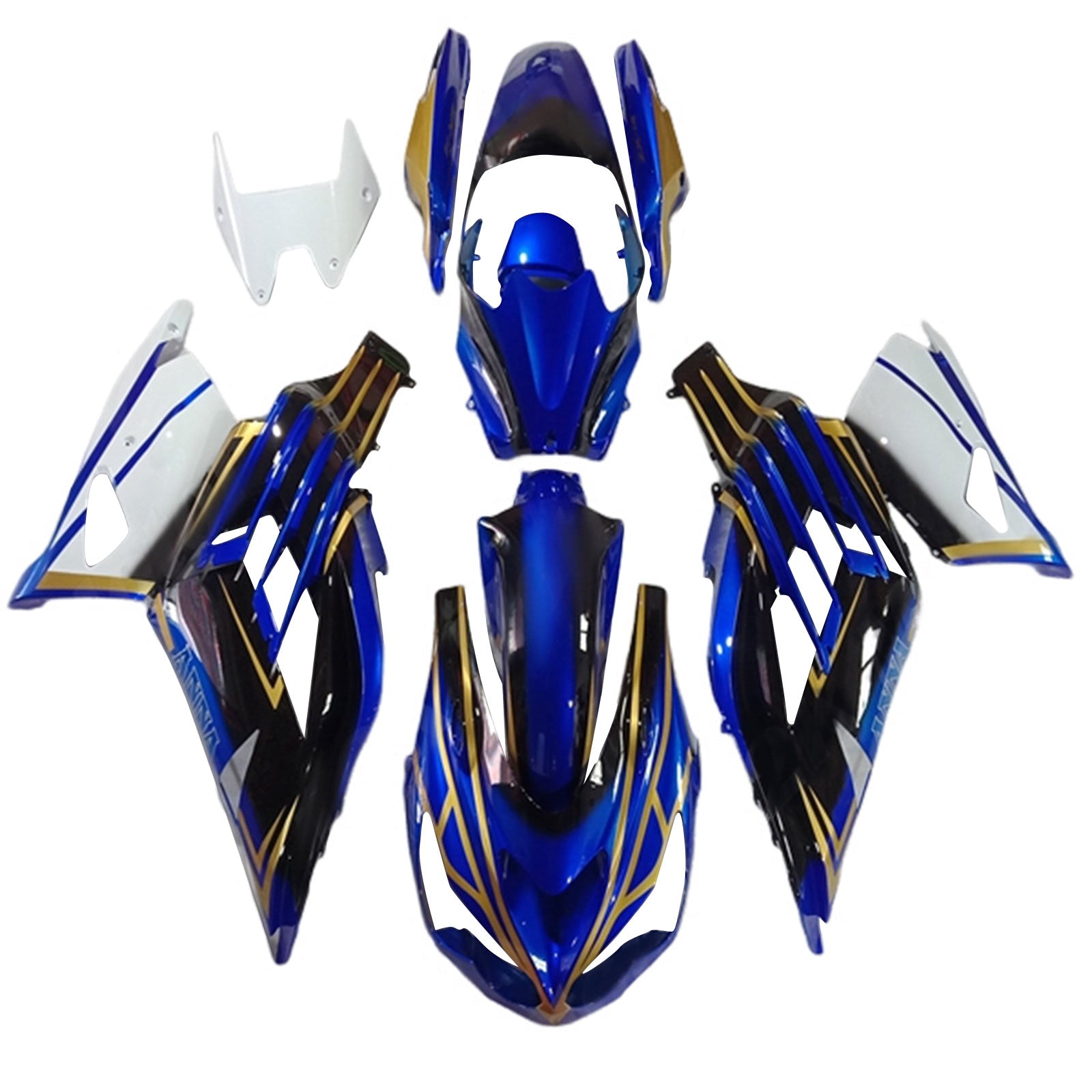 Amotopart 2012-2025 Kawasaki ZX14R ZZR1400 Schwarz Blau Weiß & Gold Verkleidungssatz