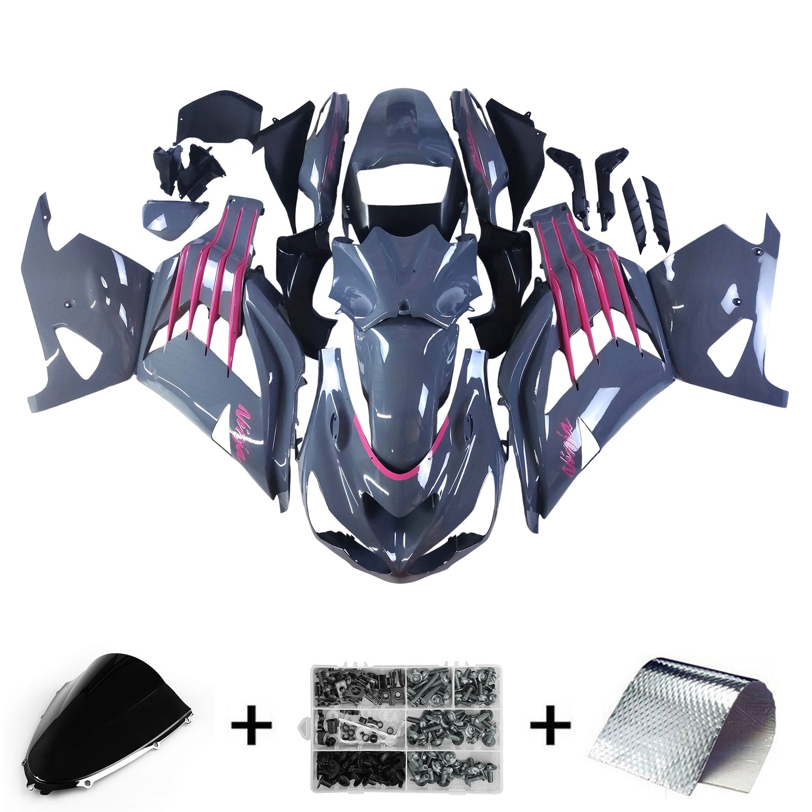 Amotopart 2012-2022 KAWASAKI ZX14R ZZR1400 Grå Black & Pink Fairing Kit
