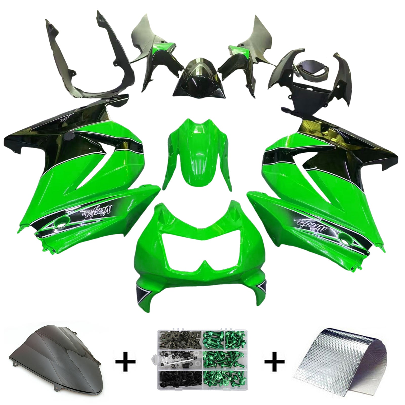 Amotopart 2008–2012 Kawasaki EX250 Ninja250R Schwarz Grün Verkleidungsset