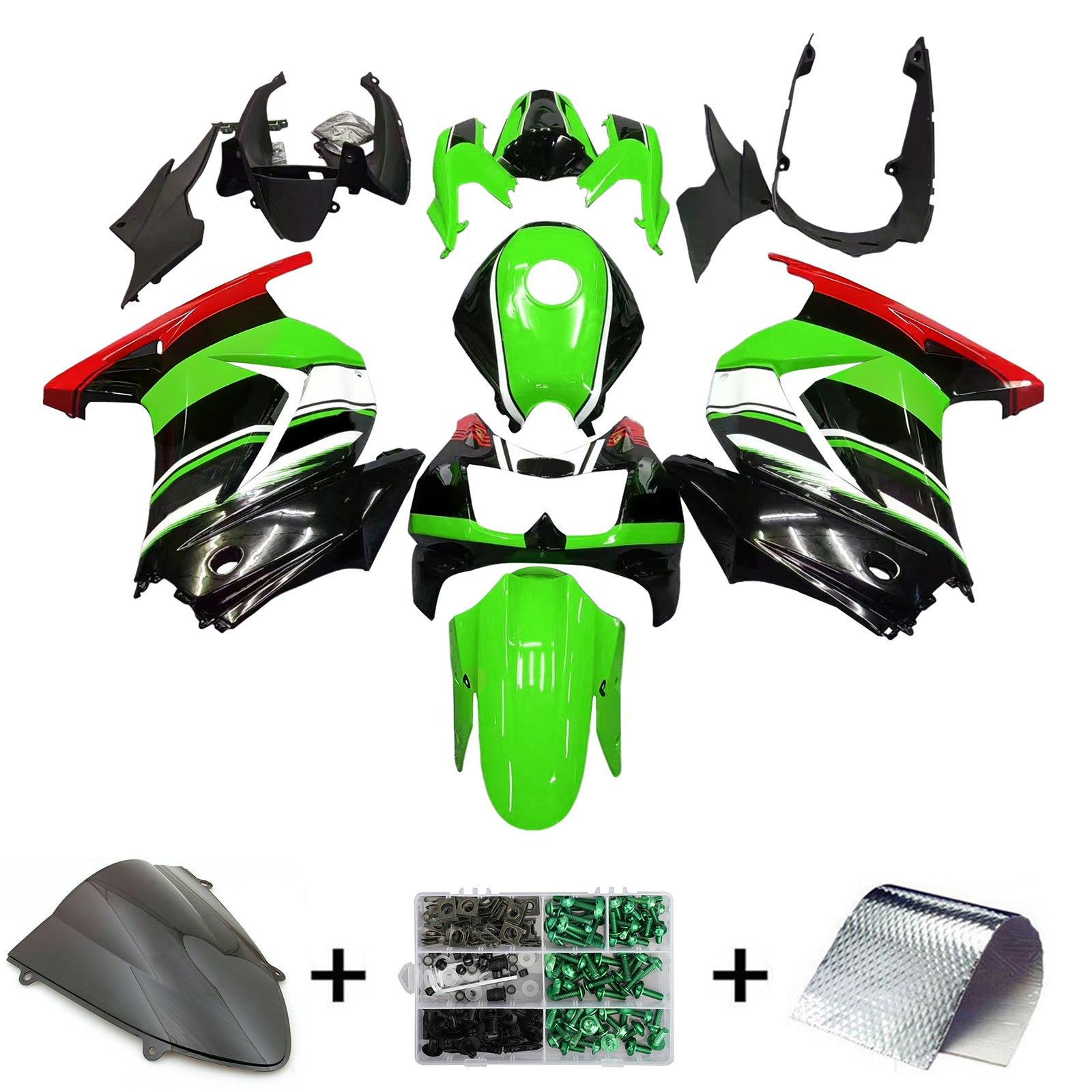 Amotopart Kawasaki Ex250 Ninja250r 2008-2012 Green & Black Style1 Fairing Kit