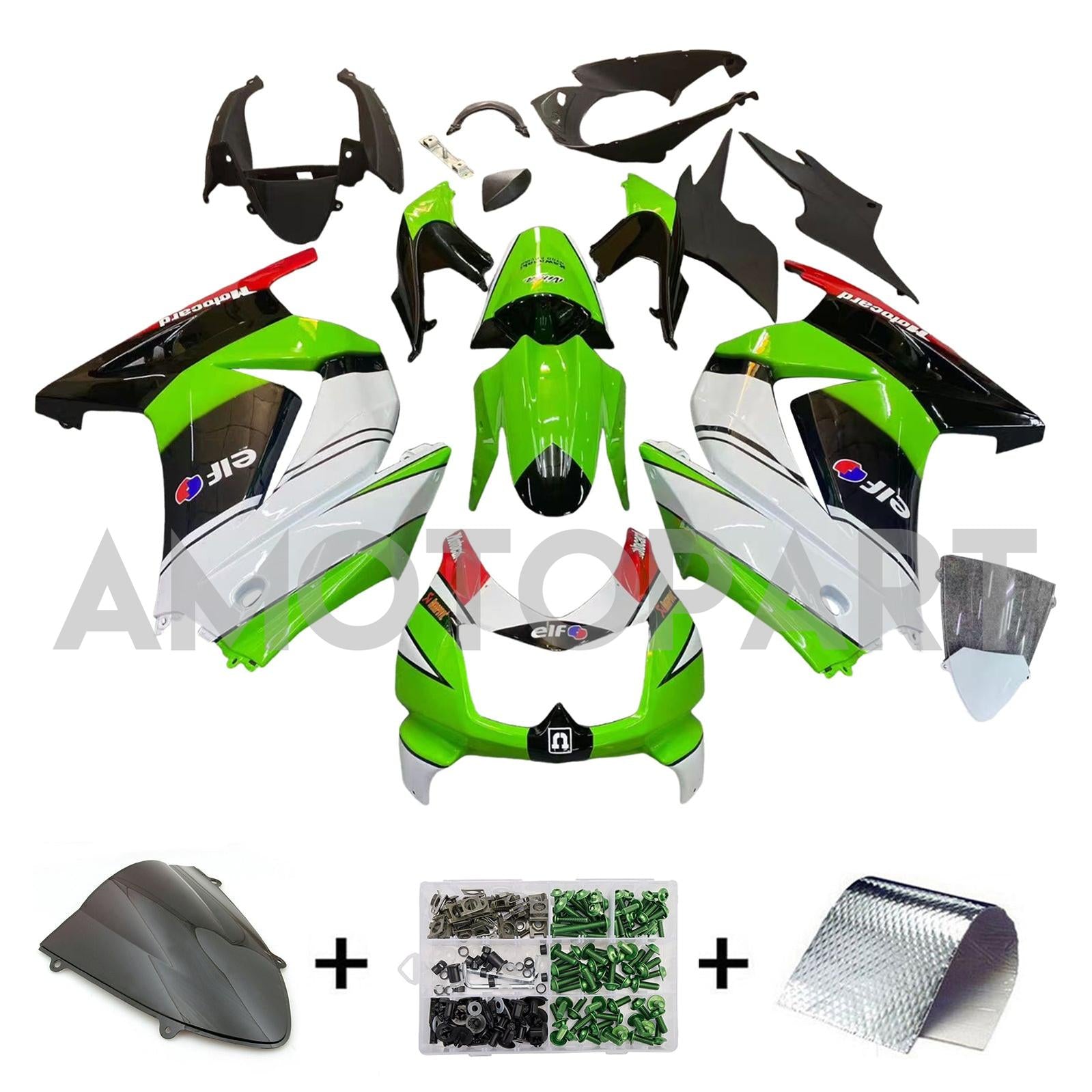 Amotopart 2008-2012 Kawasaki EX250 Ninja250R Black White Green Fairing Kit