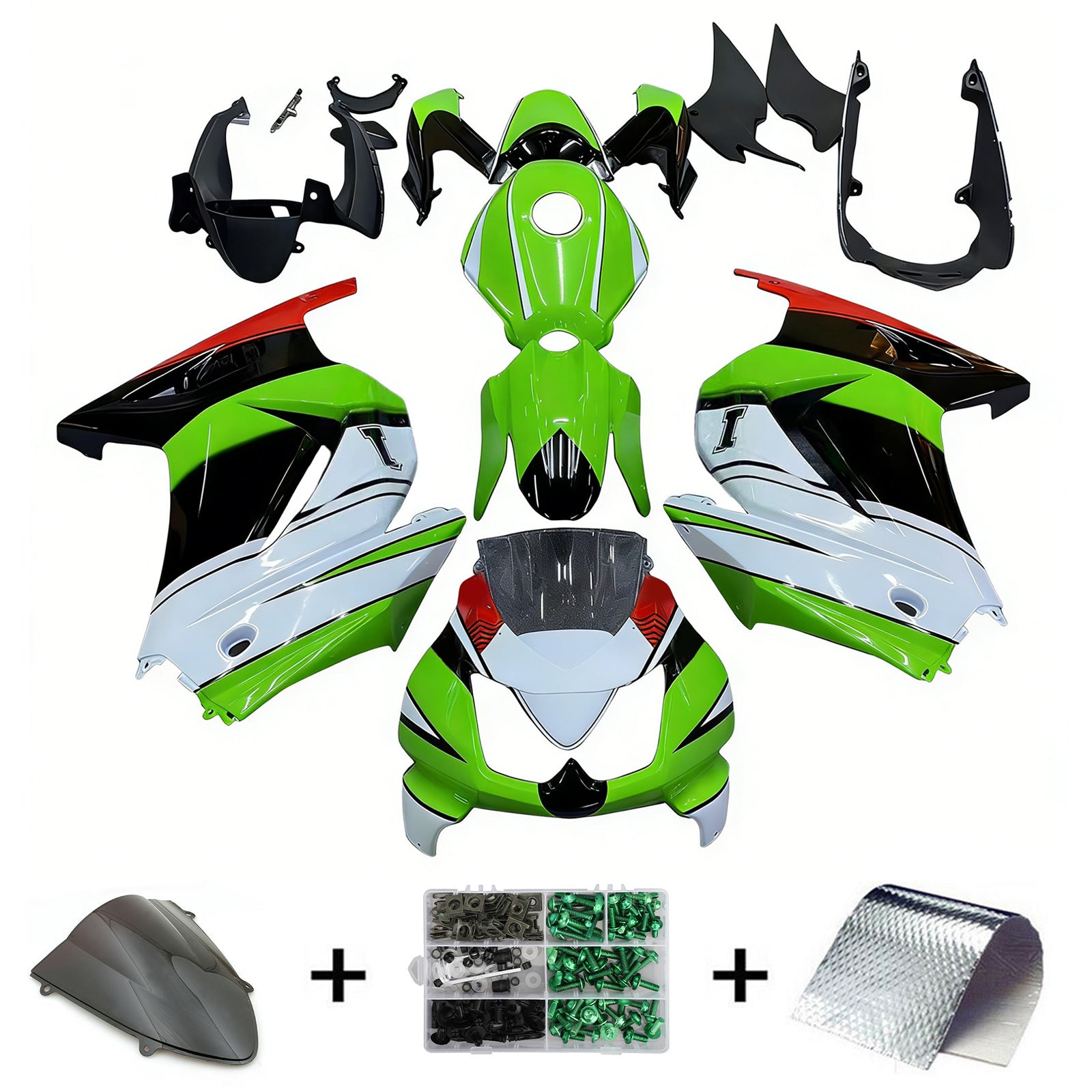 Amotopart 2008-2012 Kawasaki EX250 Ninja250R Black White Green Fairing Kit