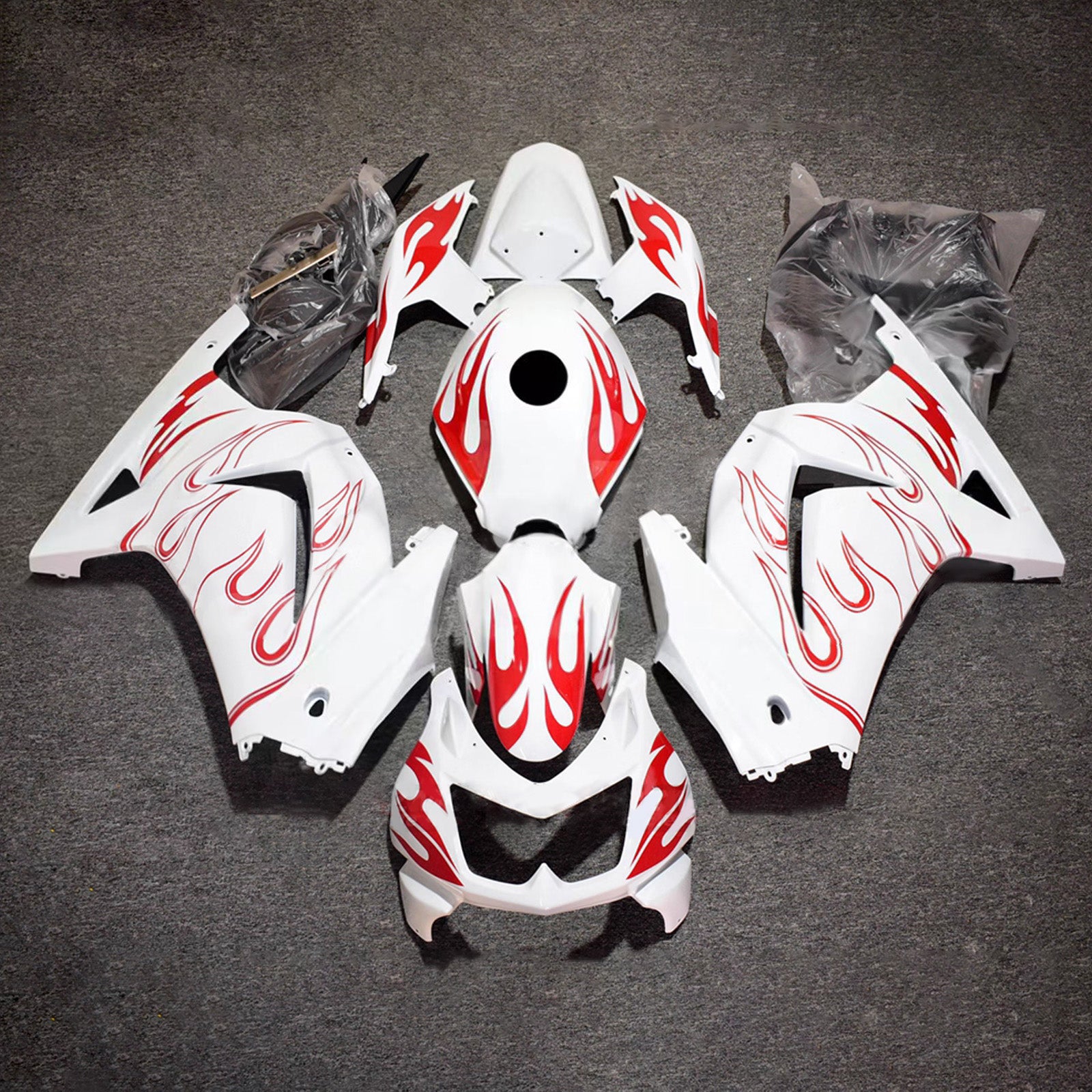 Amotopart 2008-2012 Kawasaki EX250/Ninja250R blanco con kit de carenado de llama roja