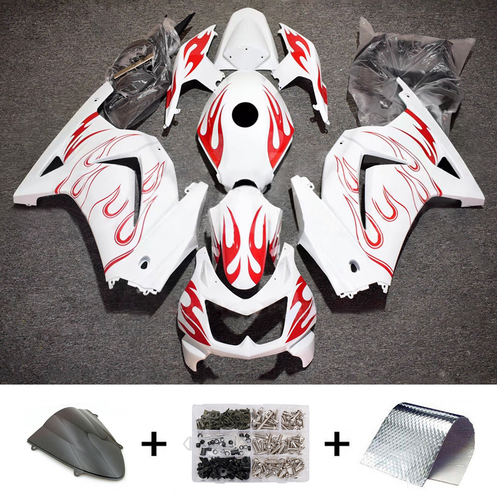 Amotopart 2008-2012 Kawasaki EX250/Ninja250R blanco con kit de carenado de llama roja