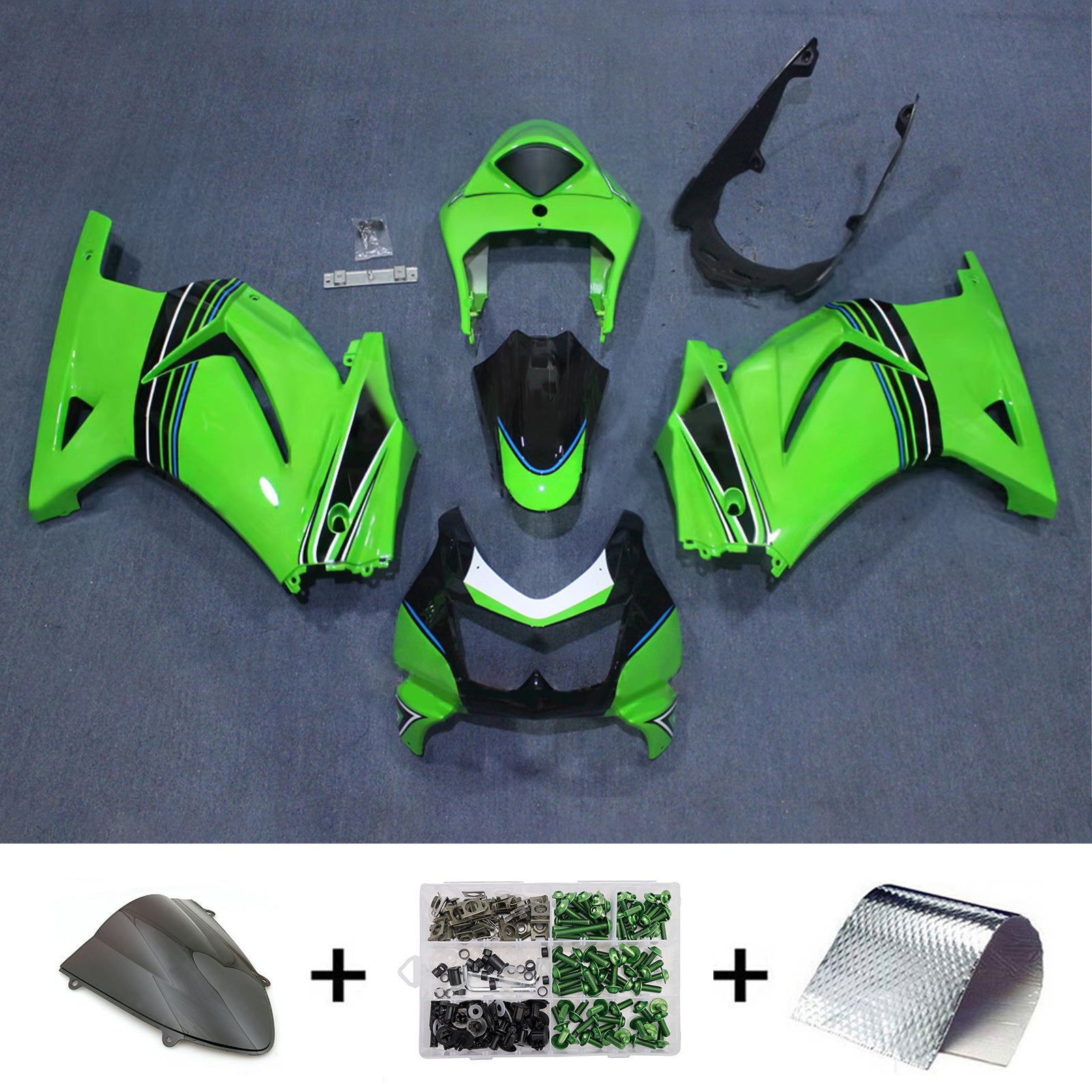 Amotopart 2008-2012 Kawasaki EX250/Ninja250R Kit de carenado verde negro