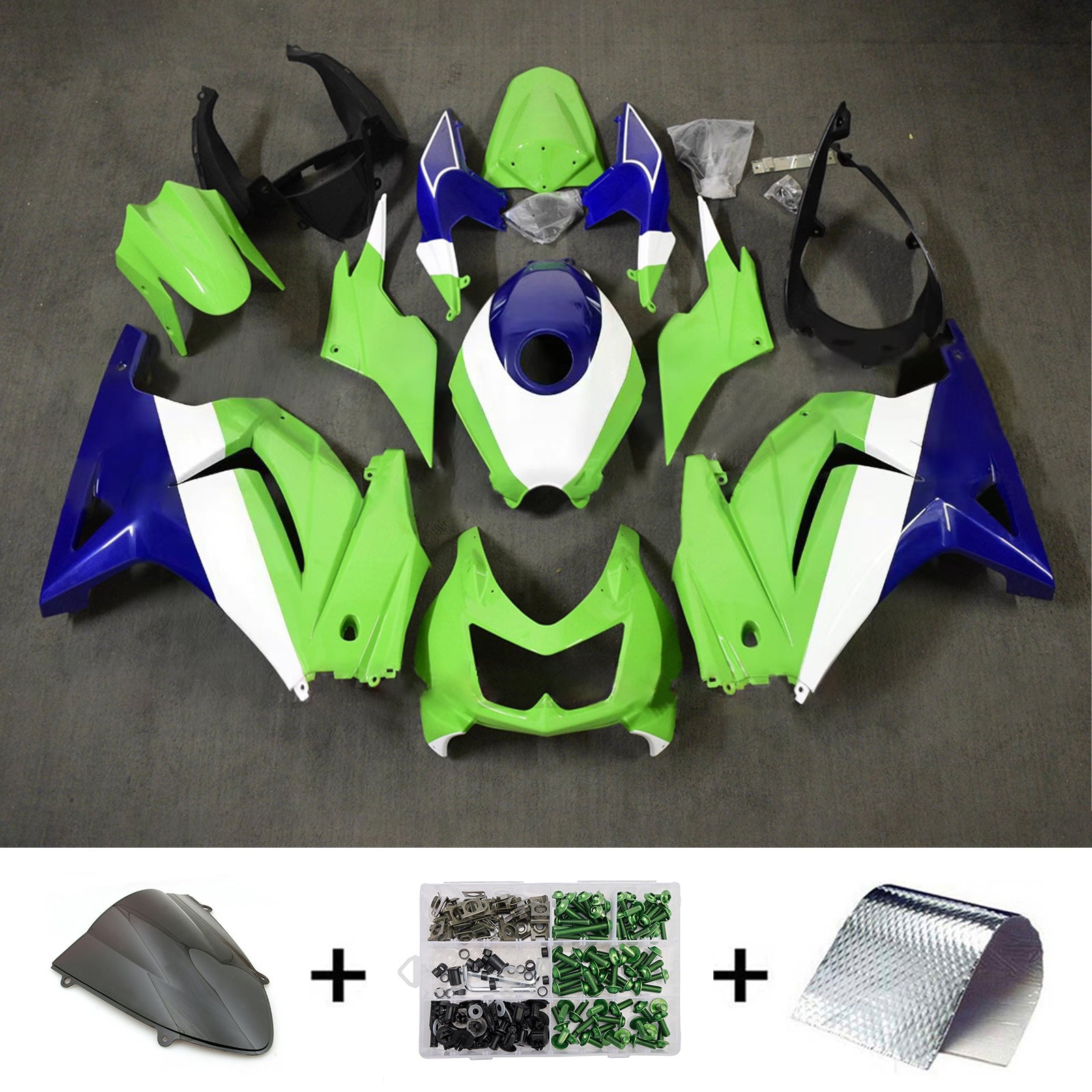 Amotopart 2008-2012 Kawasaki EX250/Ninja250R Kit de carenado verde azul blanco
