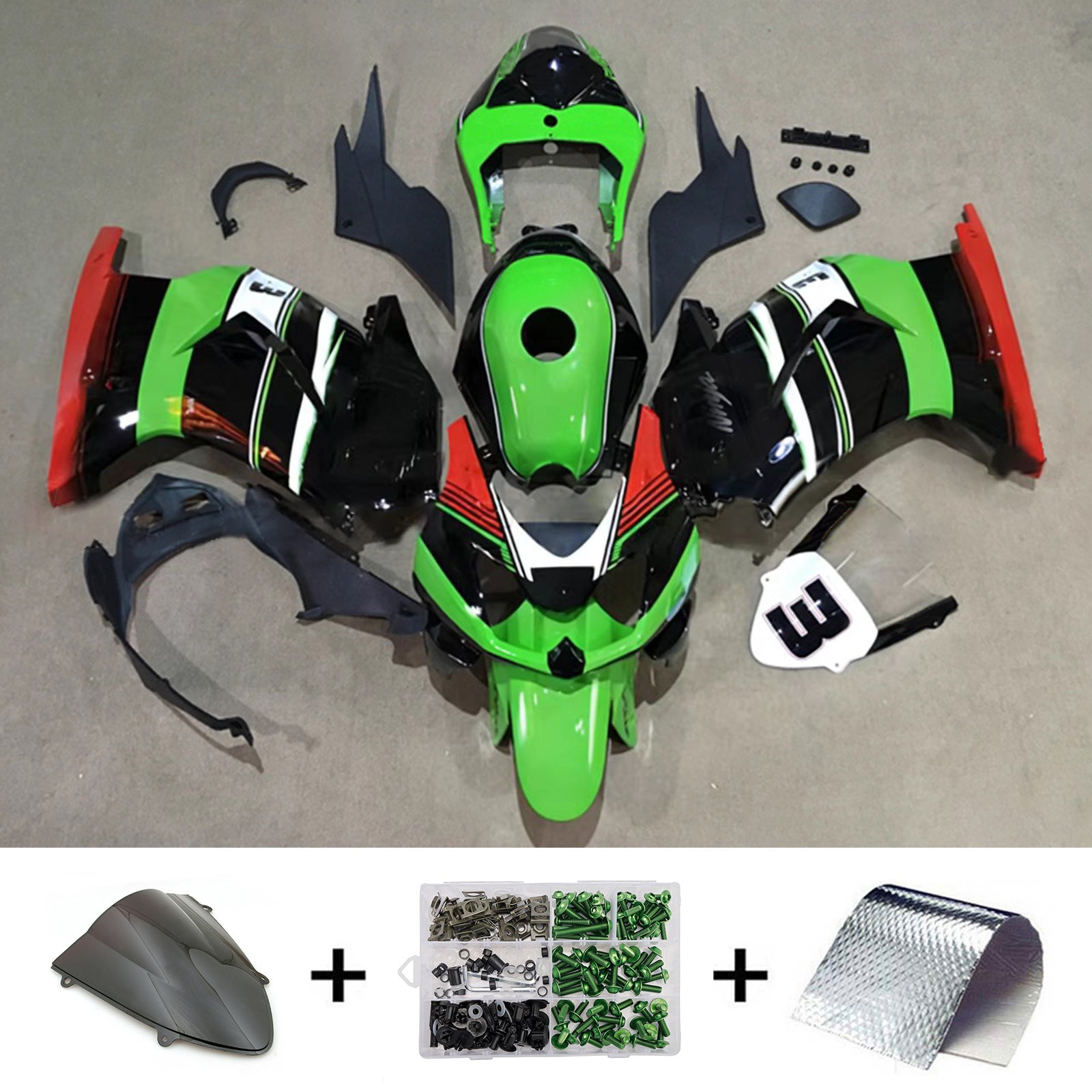 Amotopart 2008-2012 Kawasaki EX250/Ninja250R Kit de carenado negro verde rojo blanco