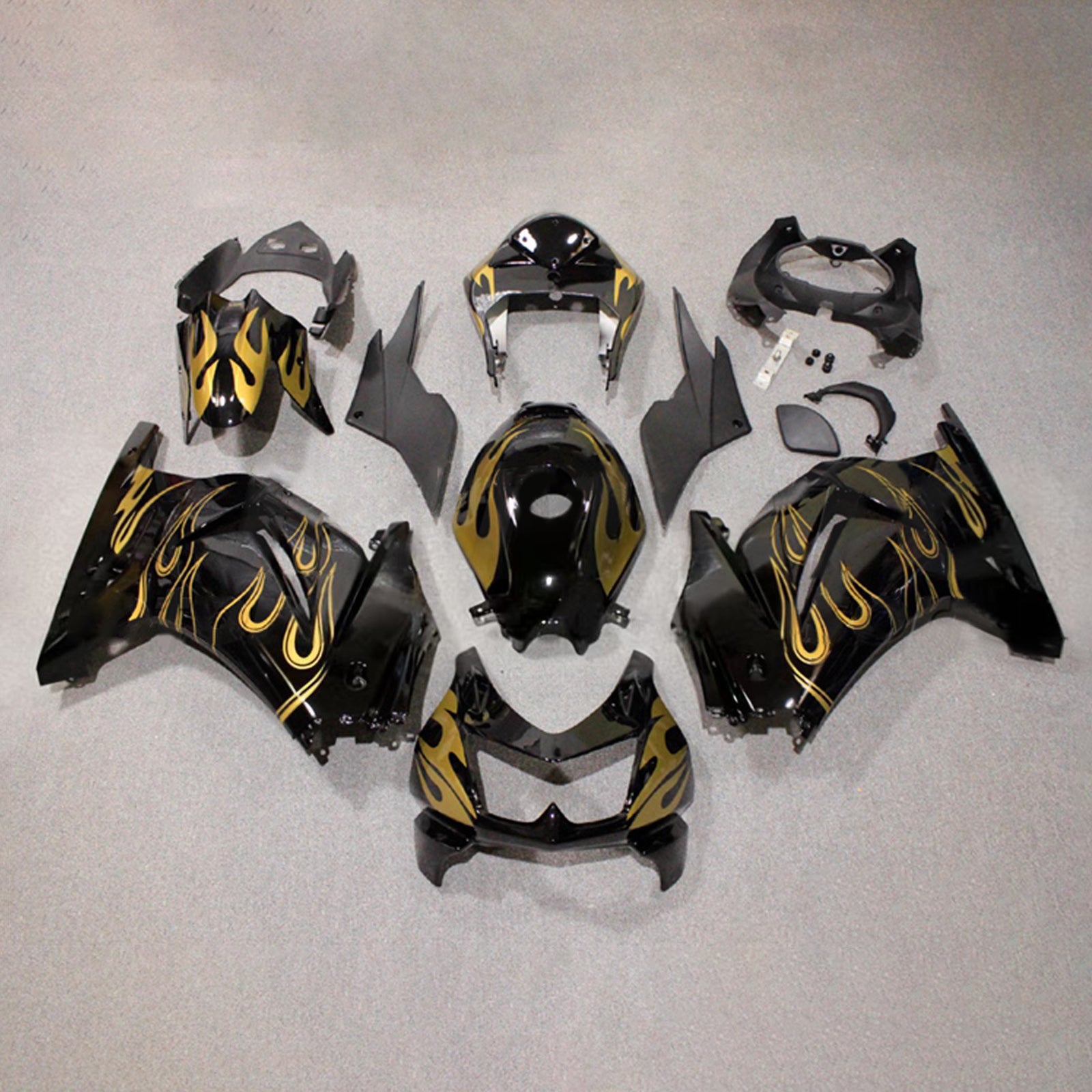 Amotopart 2008-2012 Kawasaki EX250/Ninja250R Kit de carenado de llama de oro negro