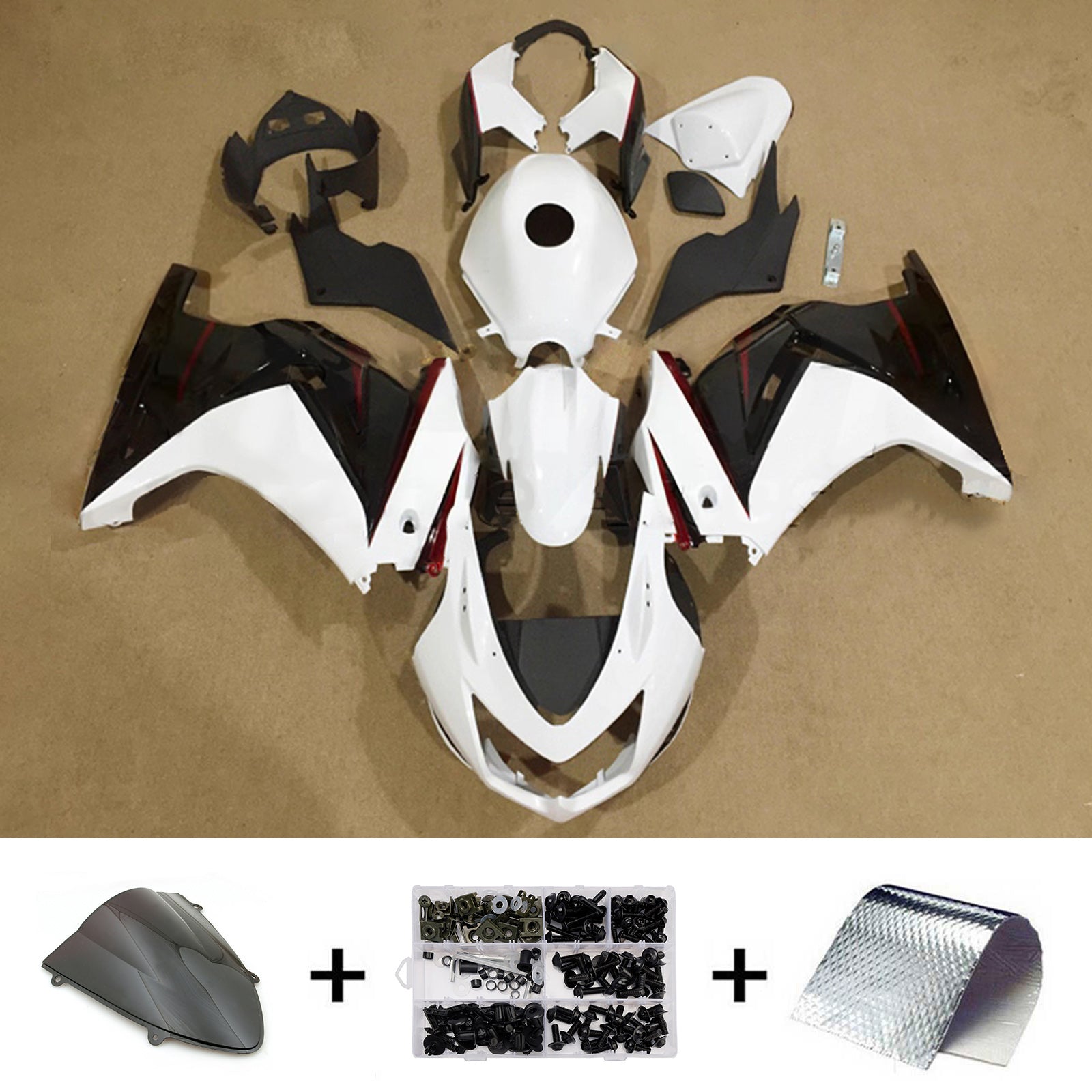 Amotopart 2008-2012 Kawasaki EX250/Ninja250R Blanco & Kit de carenado negro