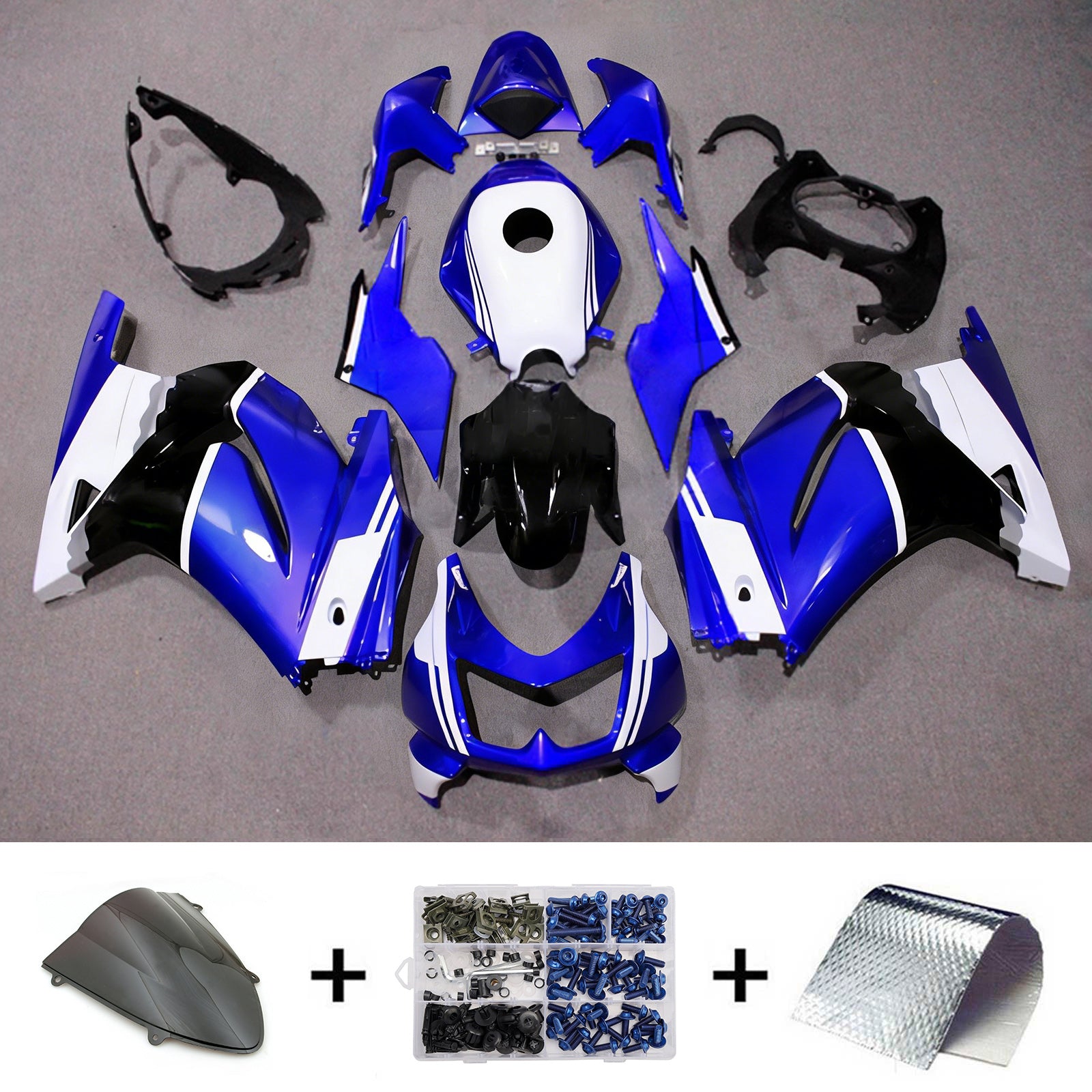 Amotopart 2008–2012 Kawasaki EX250/Ninja250R Blau Schwarz Weiß Grün Verkleidungsset