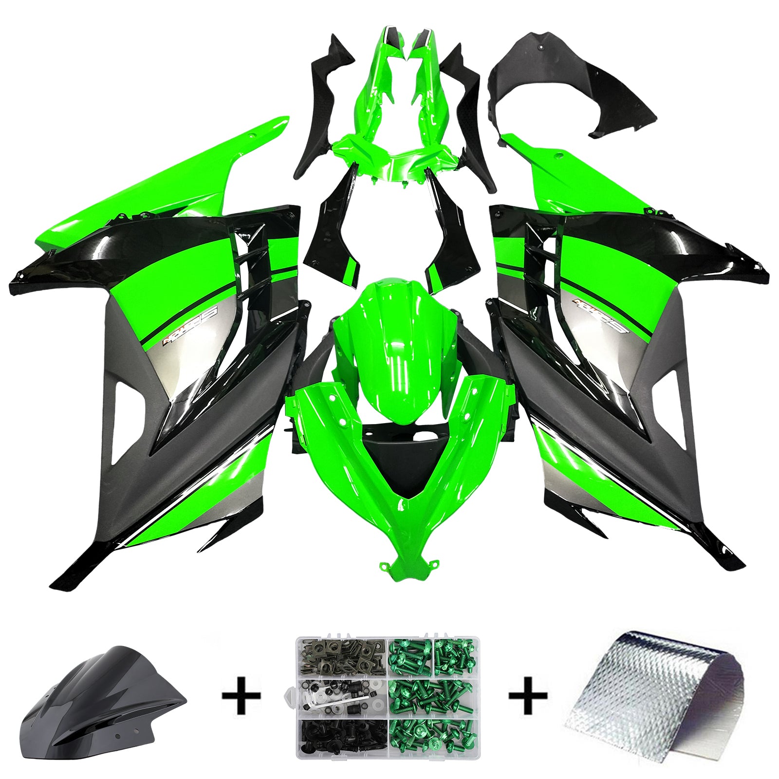 Amotopart 2013-2024 Kawasaki EX300R Fairing Green & Black Kit