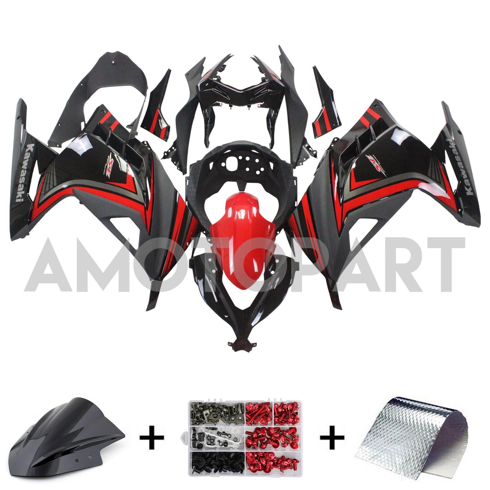 Amotopart Kawasaki 2013-2023 EX300/Ninja300 Red Black Fairing Kit