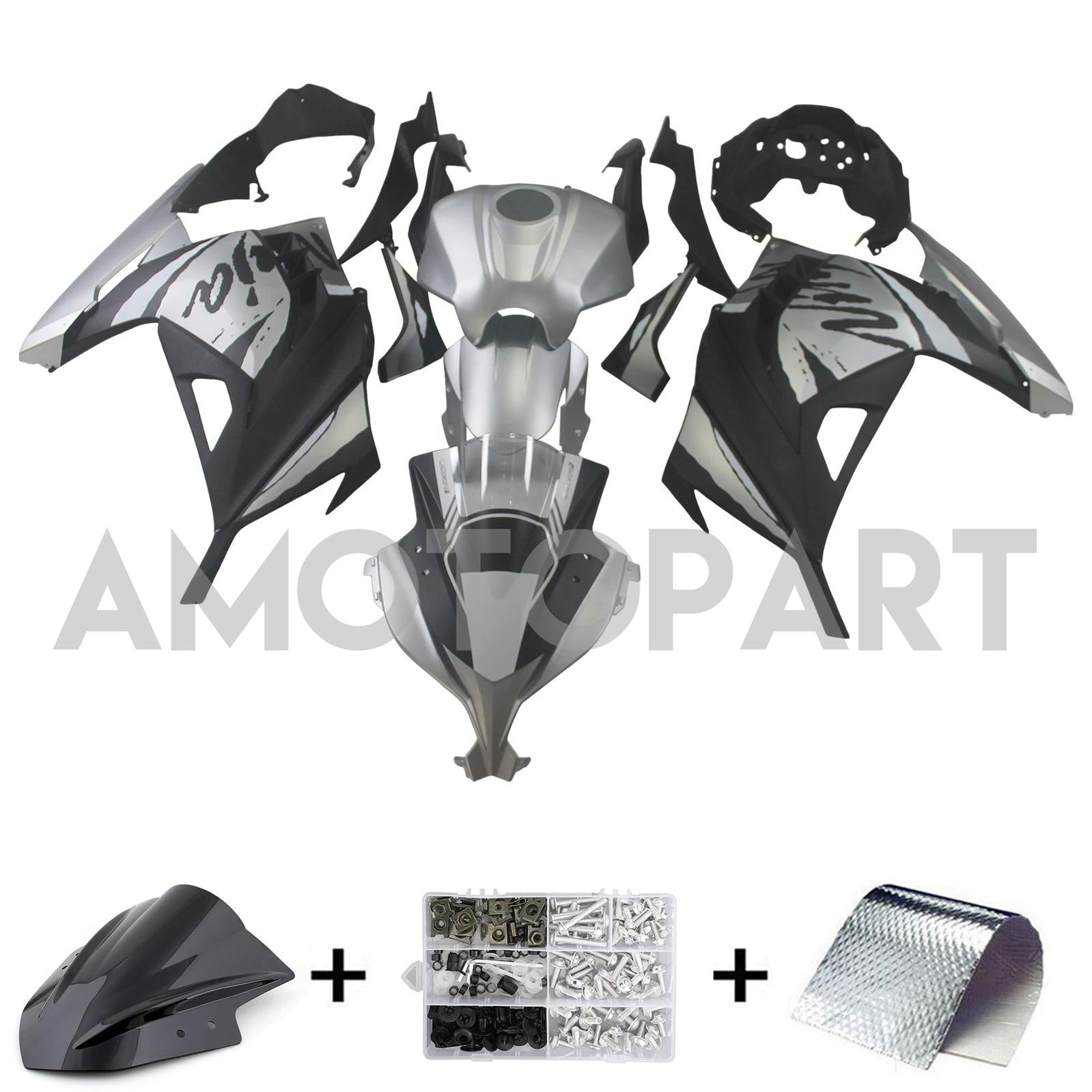 Amotopart Kawasaki EX300/Ninja300 2013-2023 Grau&Schwarzes Verkleidungskit