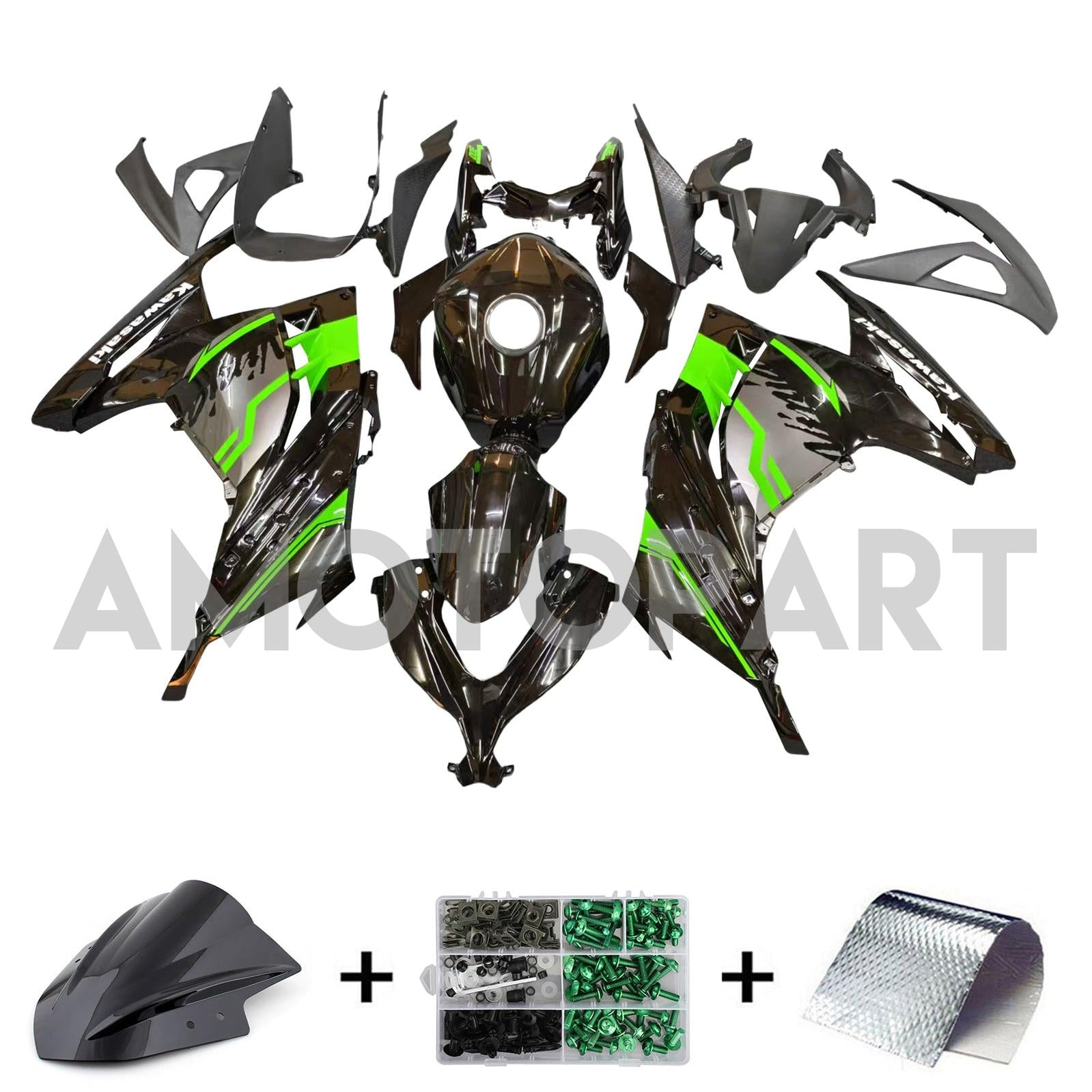 Amotopart 2013-2024 Kawasaki EX300/Ninja300 Schwarz&Grünes Style1-Verkleidungskit