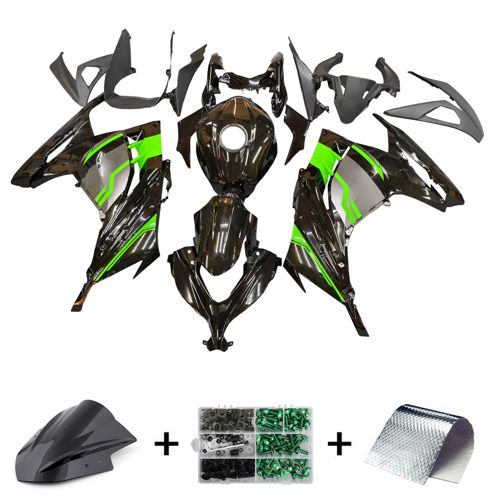 Amotopart 2013-2024 Kawasaki Ex300/Ninja 300 Black & Green Style1 Fairing Kit