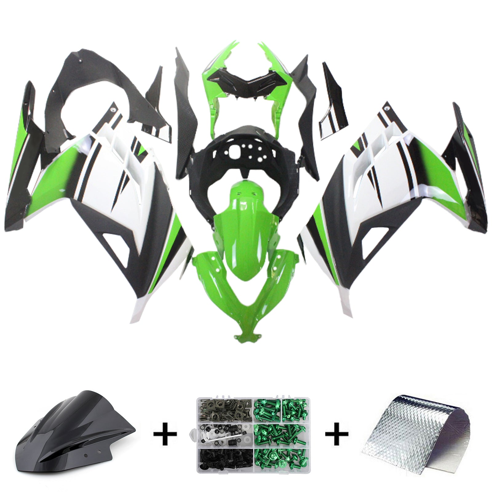 Amotopart 2013-2024 Kawasaki EX300/Ninja300 Schwarz&Green Style4 Verkleidungssatz