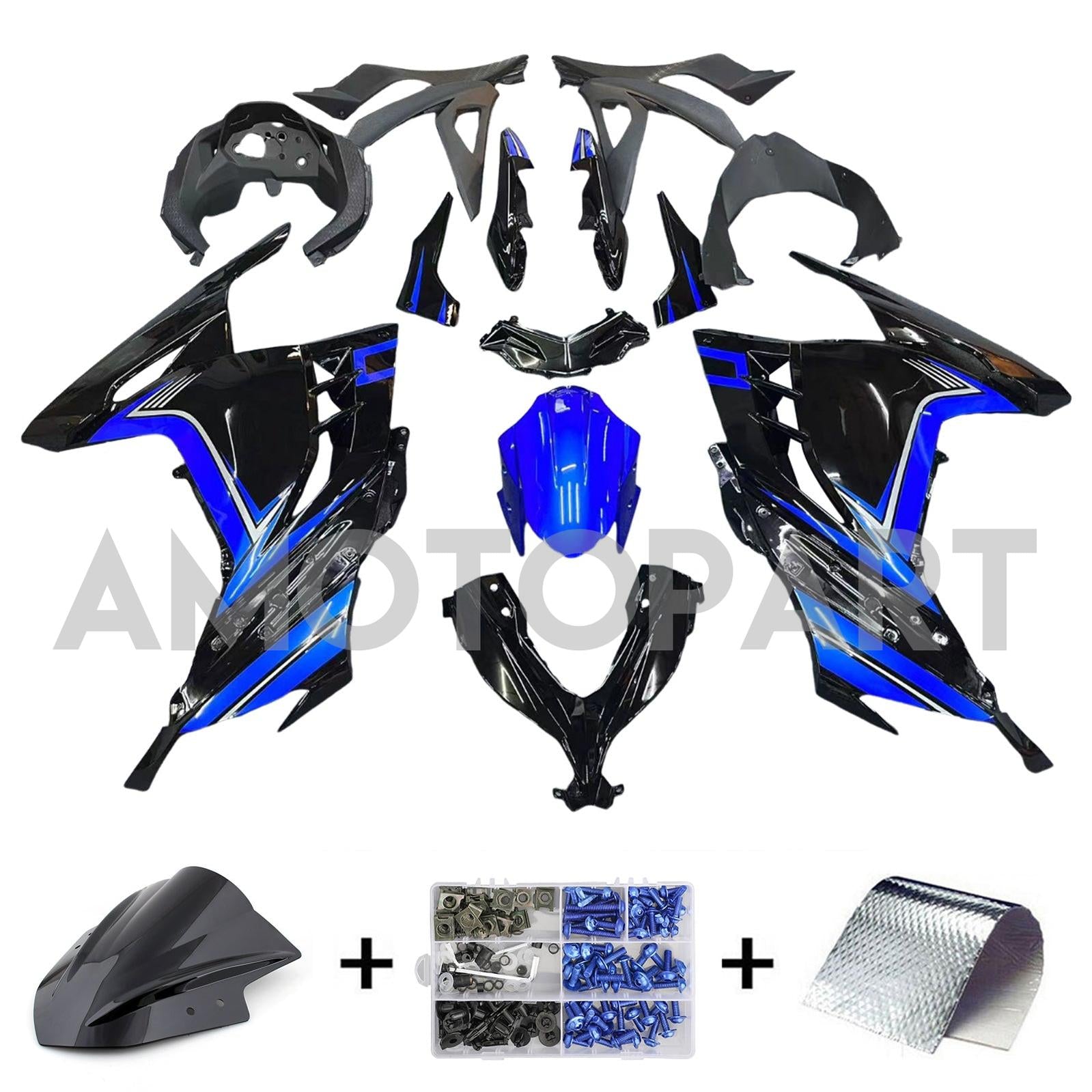 Amotopart 2013–2024 Kawasaki EX300/Ninja300, glänzend blau&Schwarzes Verkleidungskit