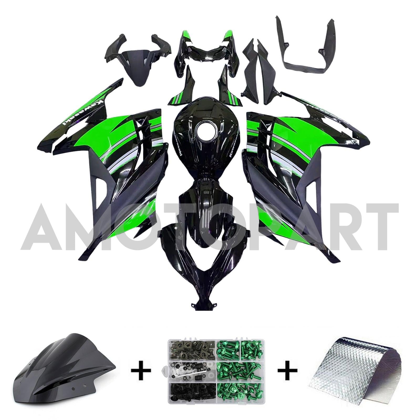 Amotopart 2013-2024 Kawasaki EX300/Ninja300 Black&Green Style3 Fairing Kit