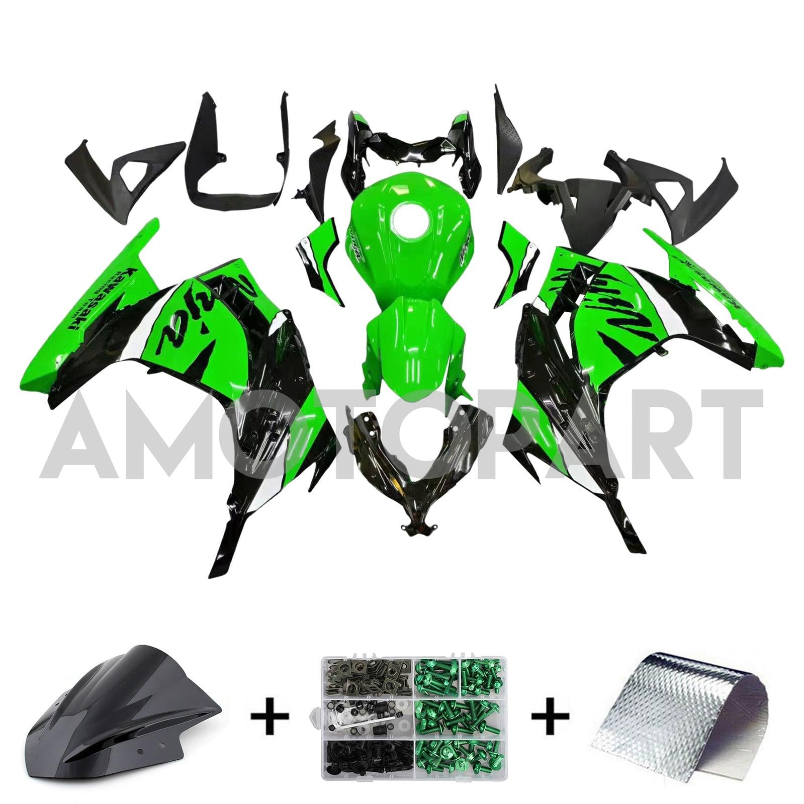 Amotopart 2013-2024 Kawasaki Ex300/Ninja300 Black & Green Style7 Failing Kit