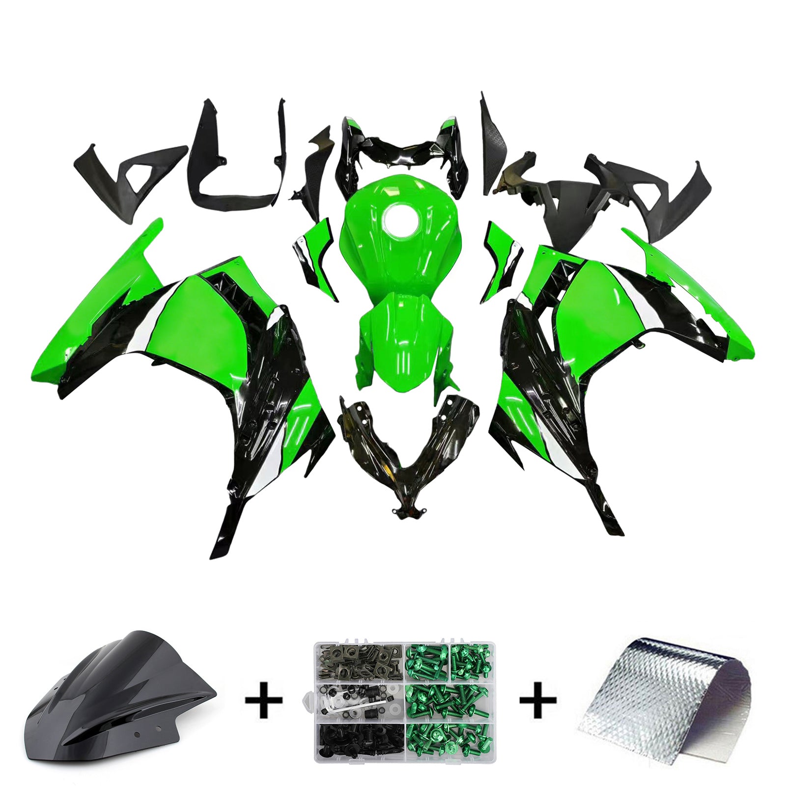 Amotopart 2013-2024 Kawasaki Ex300/Ninja300 Black & Green Style7 Fairing Kit