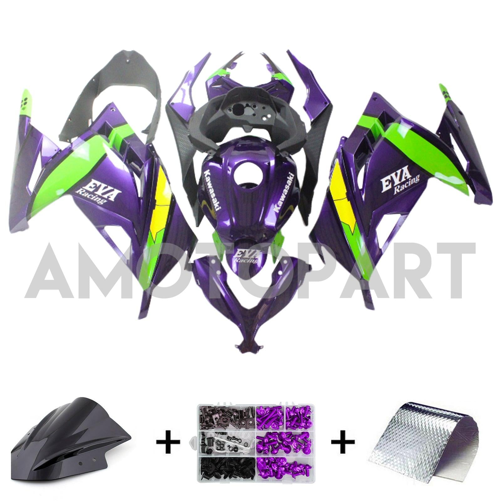 Amotopart 2013–2024 Kawasaki EX300/Ninja300 Lila&Grünes Verkleidungsset