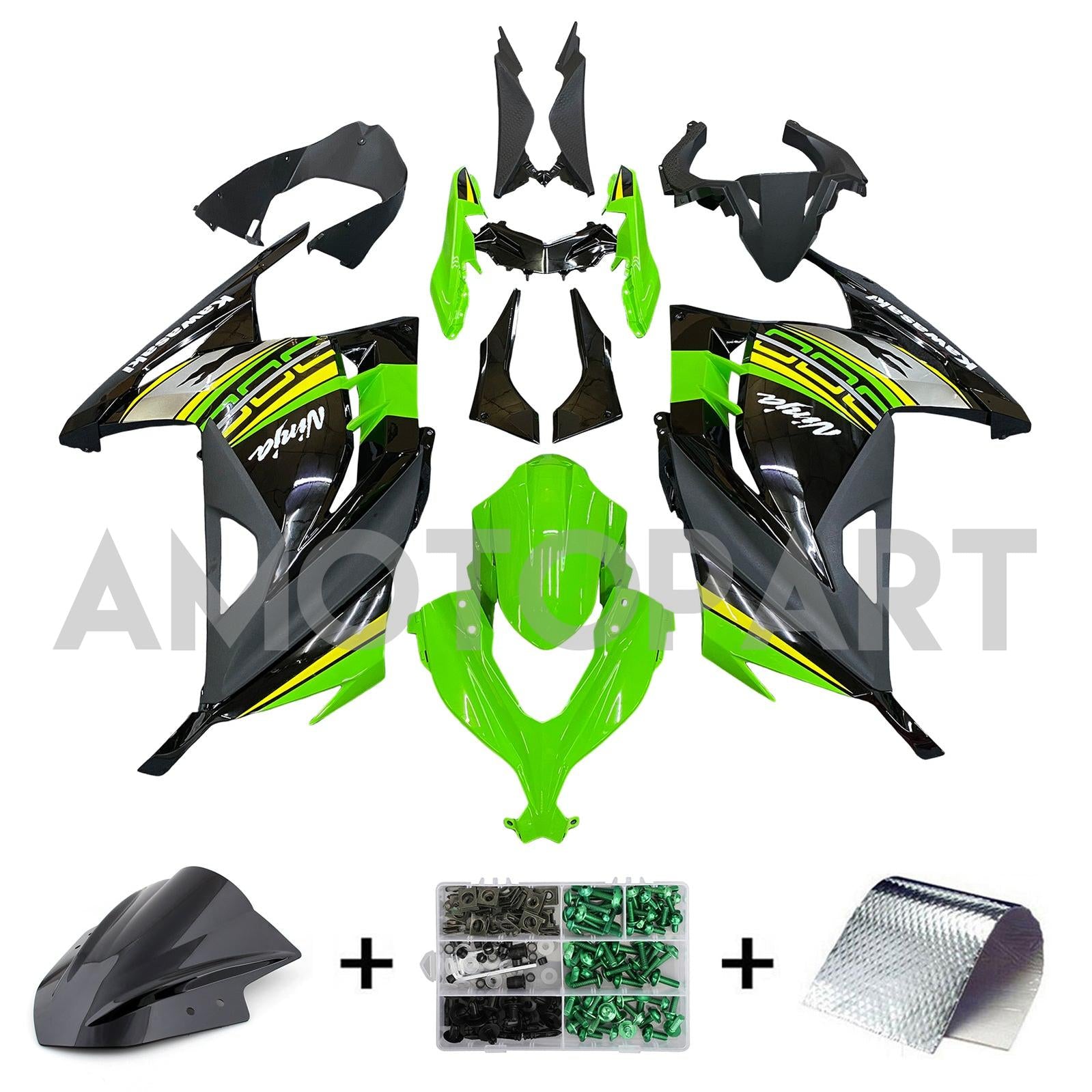Amotopart 2013-2024 Kit carena Kawasaki EX300/Ninja 300 Styl3 nero e verde