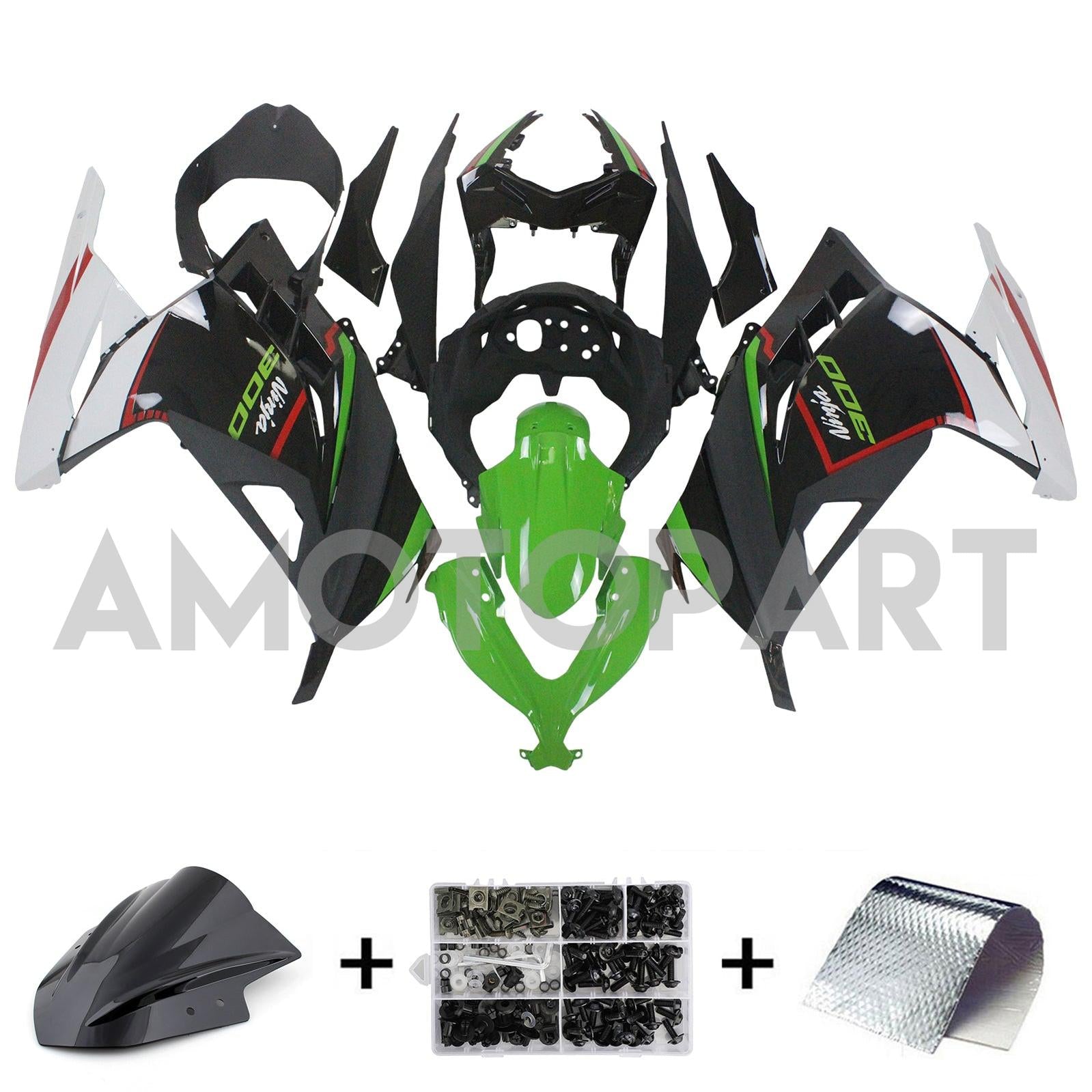 Amotopart 2013-2024 Kawasaki EX300/Ninja 300 Nero e Verde Style1 Kit carena