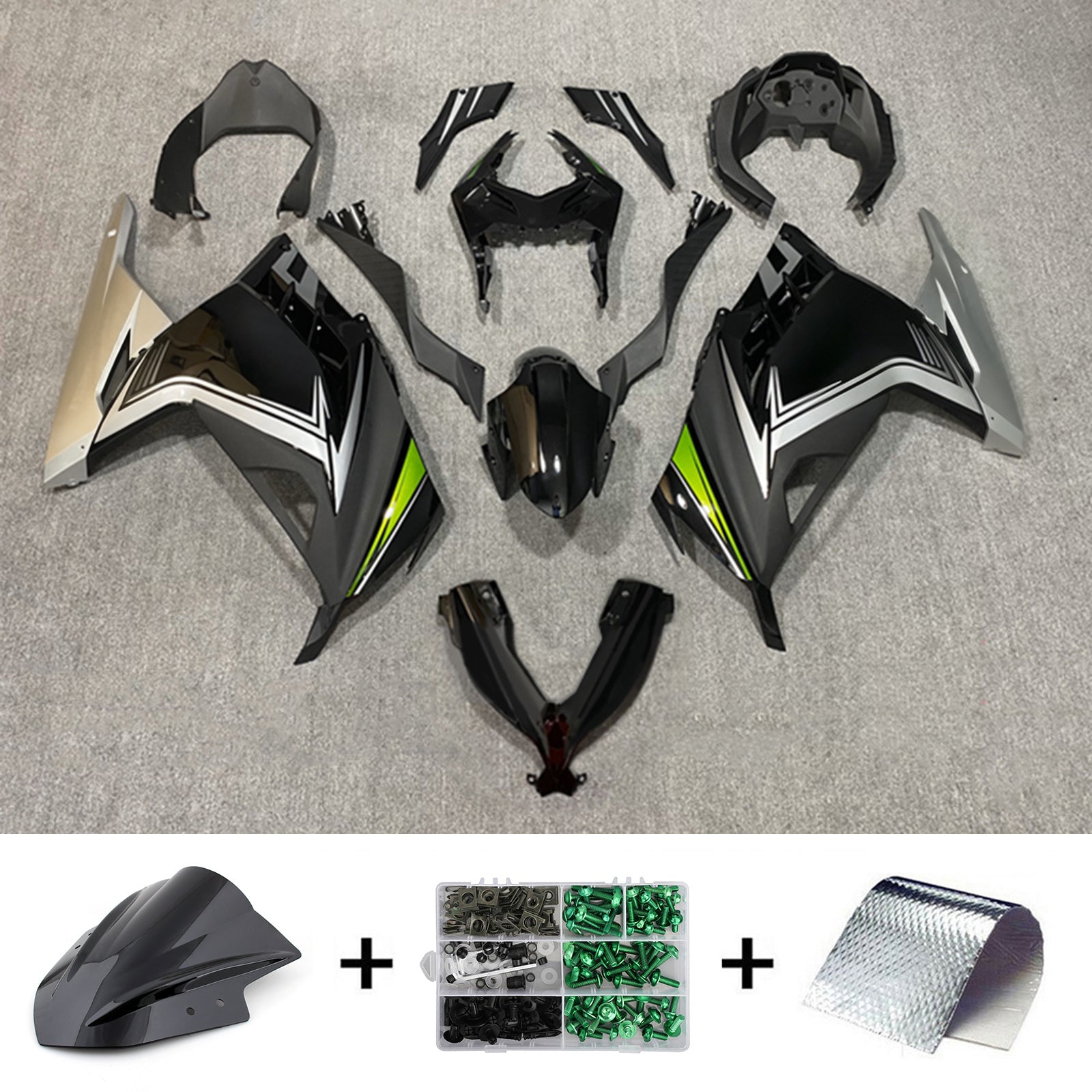 Amotopart 2013-2024 Kawasaki EX300/Ninja300 Noir&Kit de carénage Green Style2