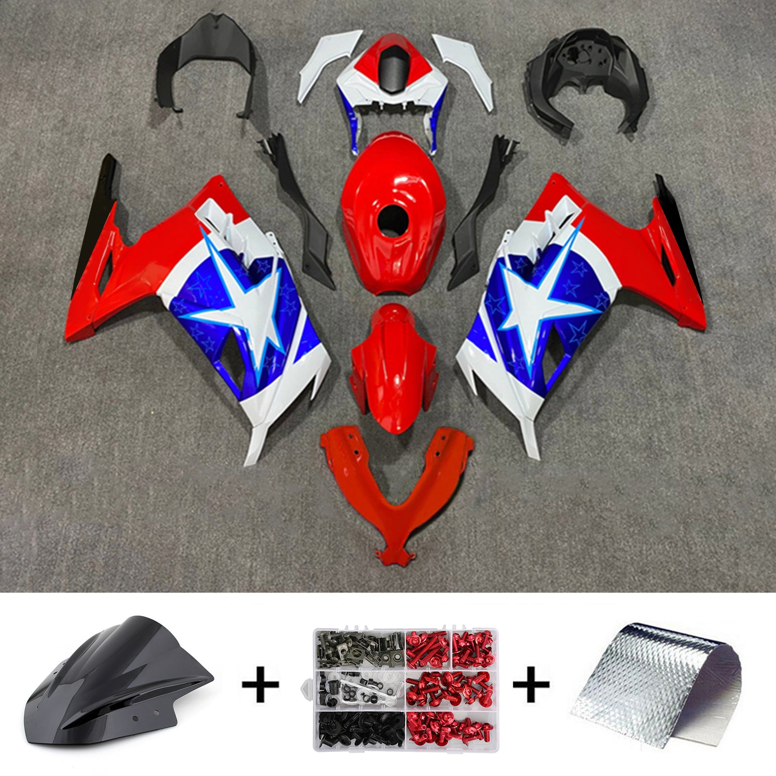Amotopart 2013-2024 Kawasaki EX300/Ninja300 Rouge&Kit de carénage Blue Star