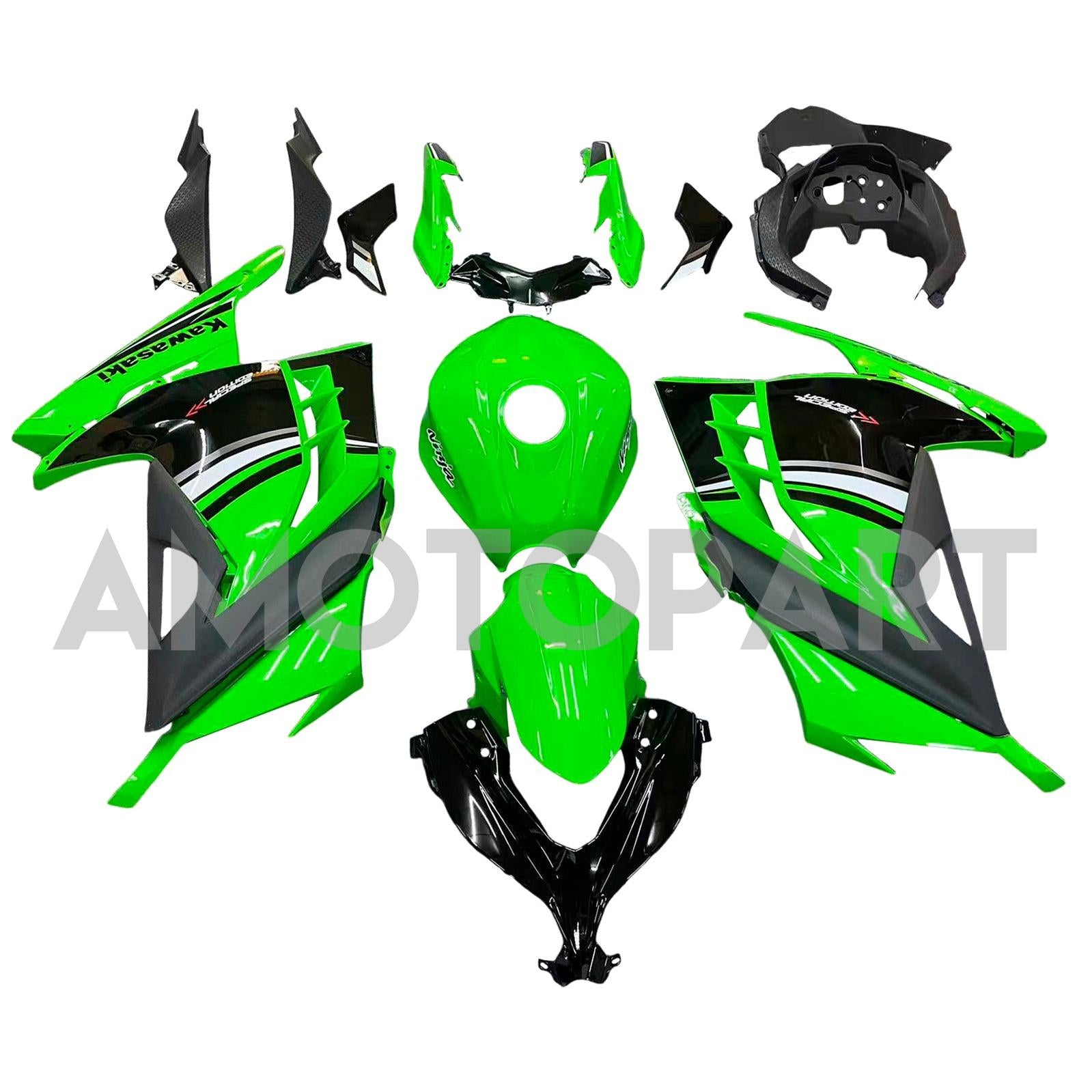 Amotopart 2013-2024 Kawasaki EX300/Ninja 300 ブラック & グリーン スタイル 5 フェアリングキット