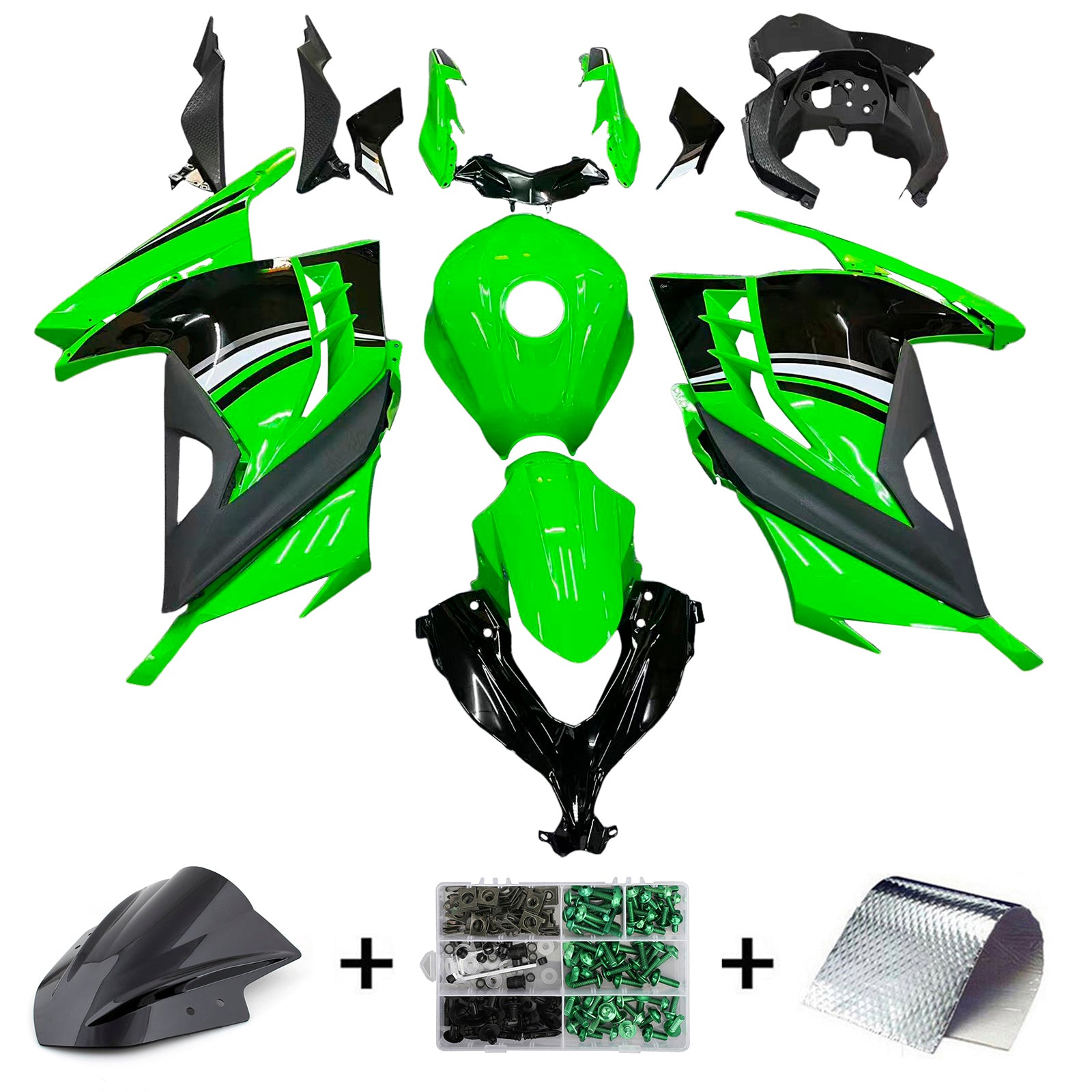 Amotopart 2013-2024 Kawasaki EX300/Ninja300 Schwarz&Green Style5 Verkleidungssatz