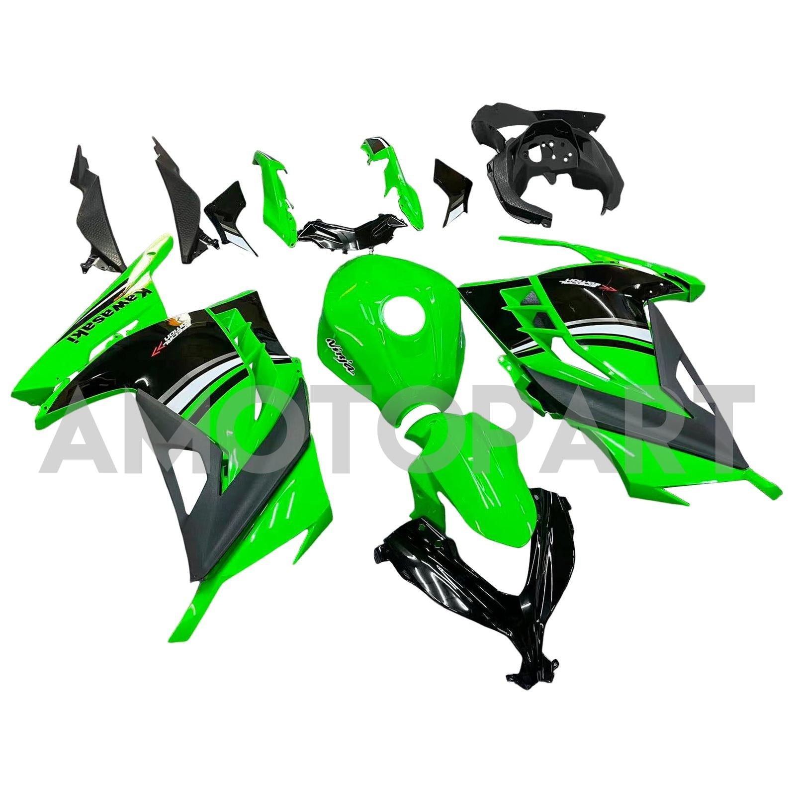 Amotopart 2013-2024 Kawasaki EX300/Ninja 300 ブラック & グリーン スタイル 5 フェアリングキット