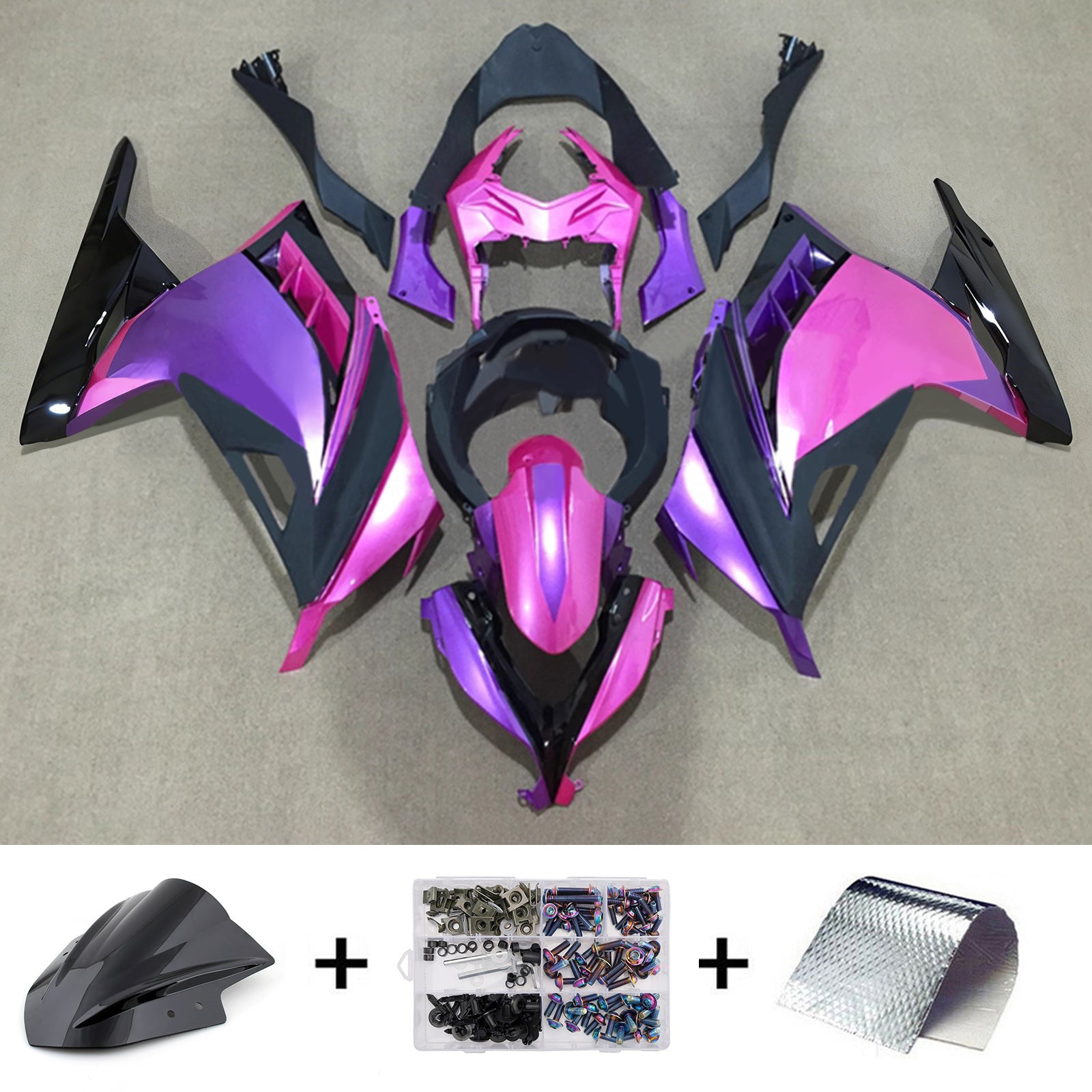 Amotopart 2013-2024 Kawasaki EX300/Ninja300 Kit de carenado rosa púrpura negro