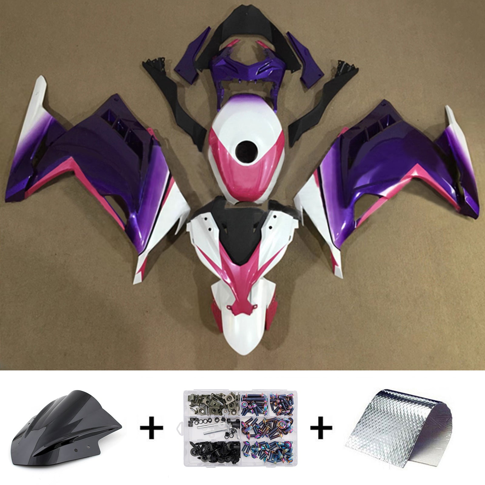 Amotopart 2013-2024 Kawasaki EX300/Ninja 300 Kit de carenado rosa púrpura blanco